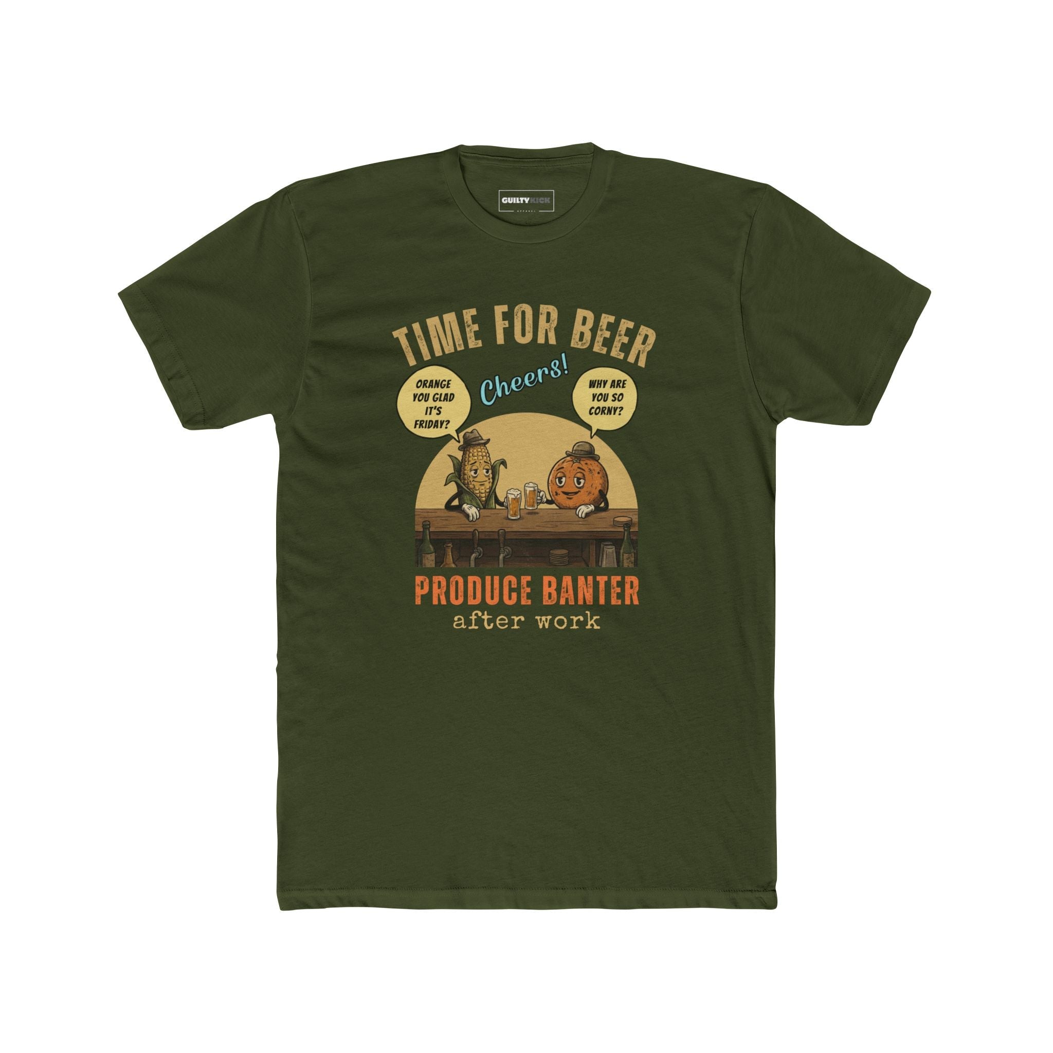 Produce Banter After Work T-Shirt | Retro Corn and Orange Beer Pun Tee - Guilty Kick Apparel
