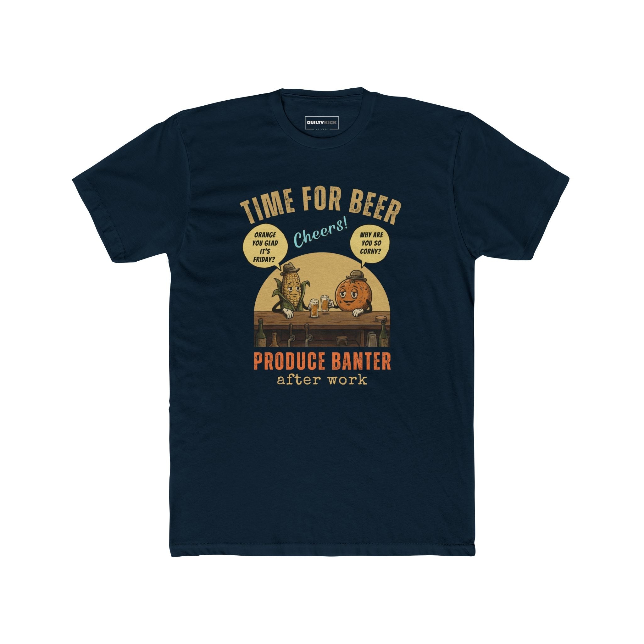 Produce Banter After Work T-Shirt | Retro Corn and Orange Beer Pun Tee - Guilty Kick Apparel