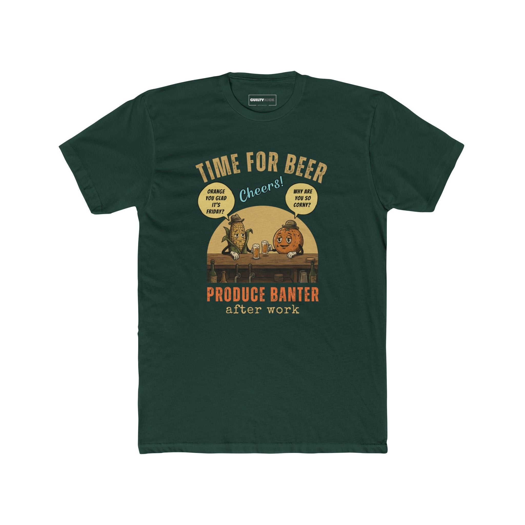 Produce Banter After Work T-Shirt | Retro Corn and Orange Beer Pun Tee - Guilty Kick Apparel