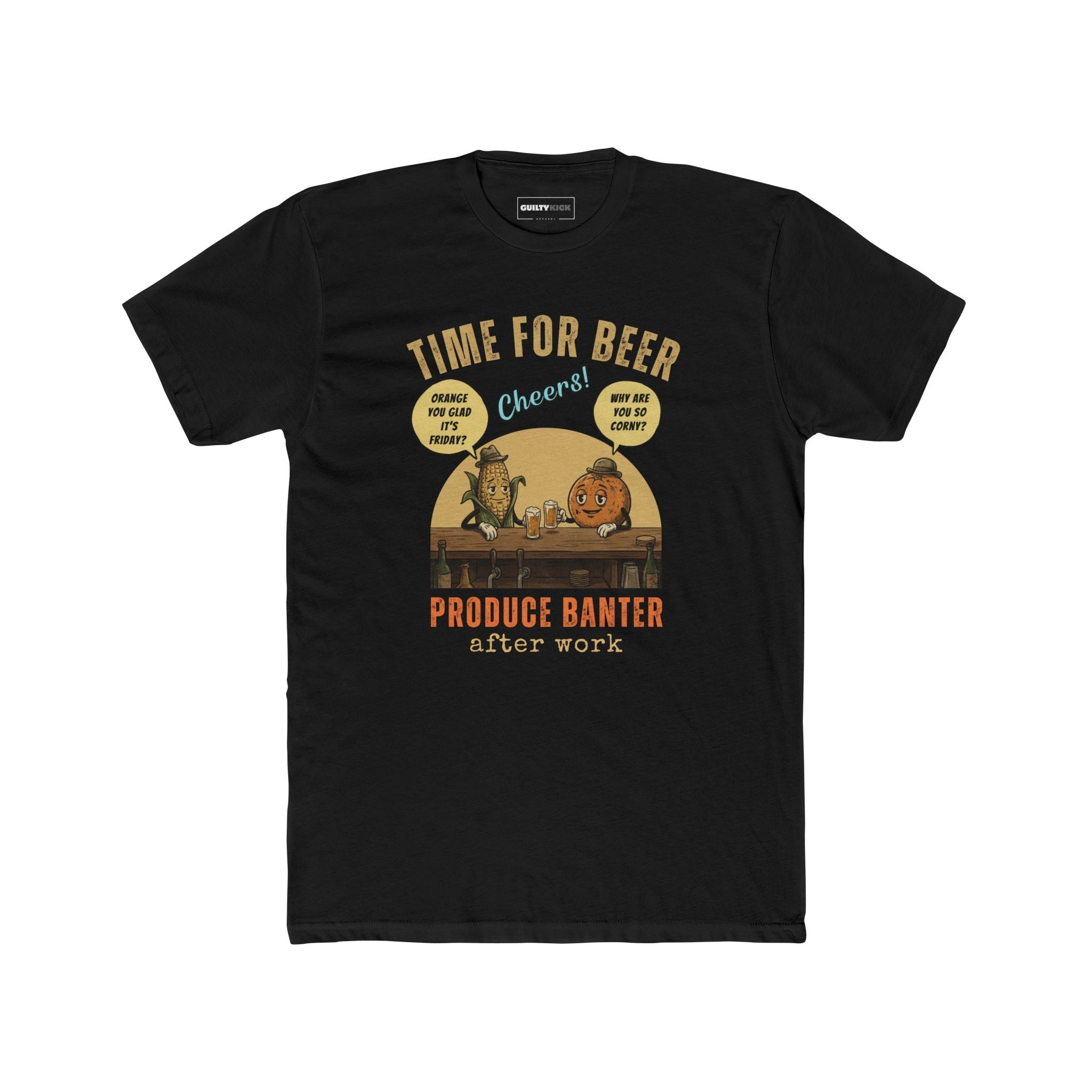 Produce Banter After Work T-Shirt | Retro Corn and Orange Beer Pun Tee - Guilty Kick Apparel