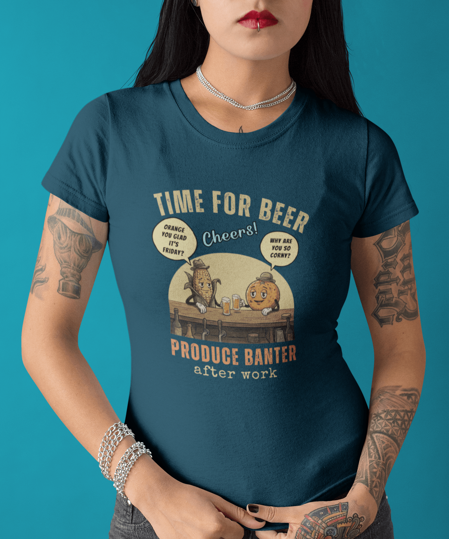Produce Banter After Work T-Shirt | Retro Corn and Orange Beer Pun Tee - Guilty Kick Apparel