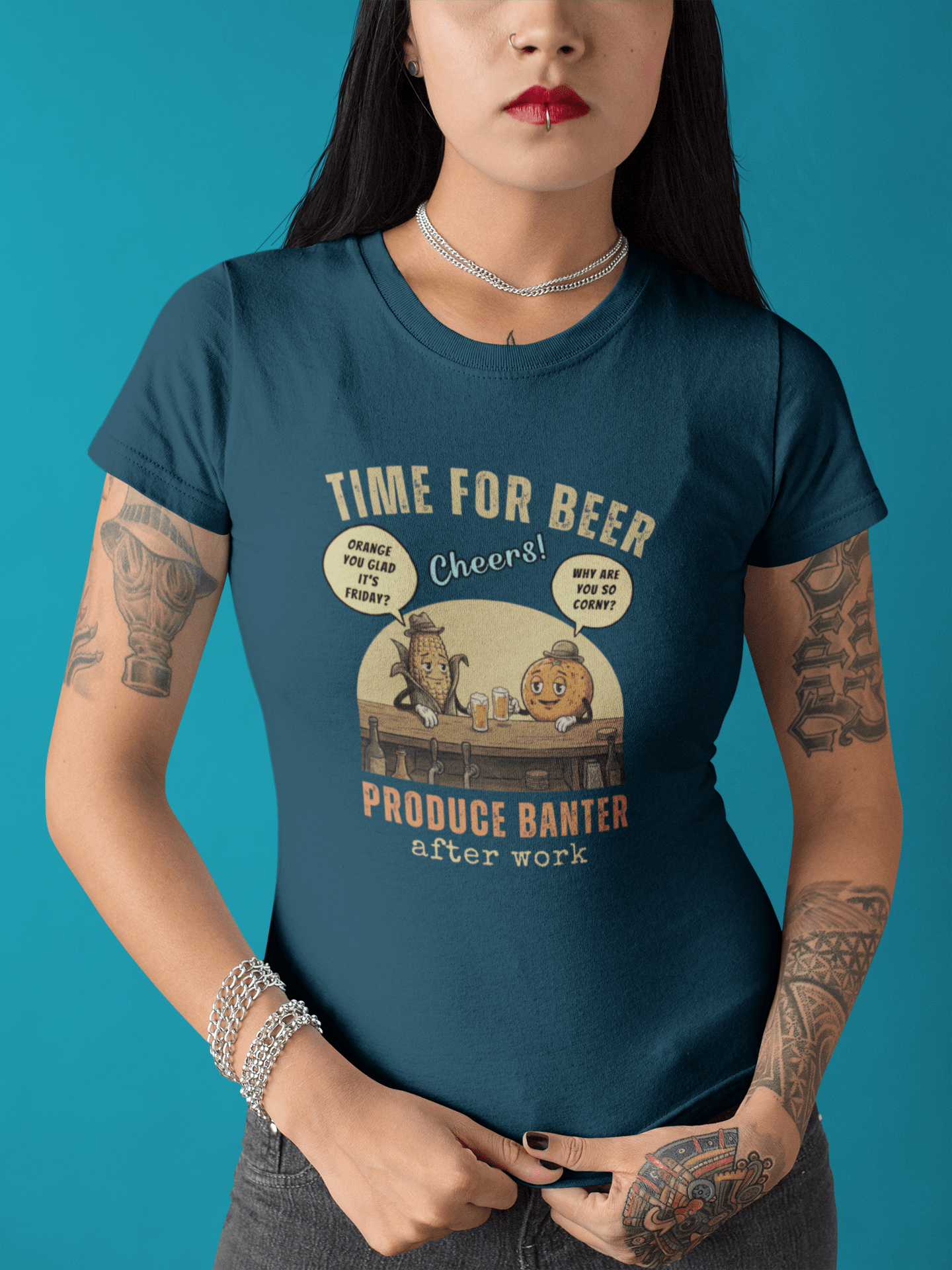 Produce Banter After Work T-Shirt | Retro Corn and Orange Beer Pun Tee - Guilty Kick Apparel