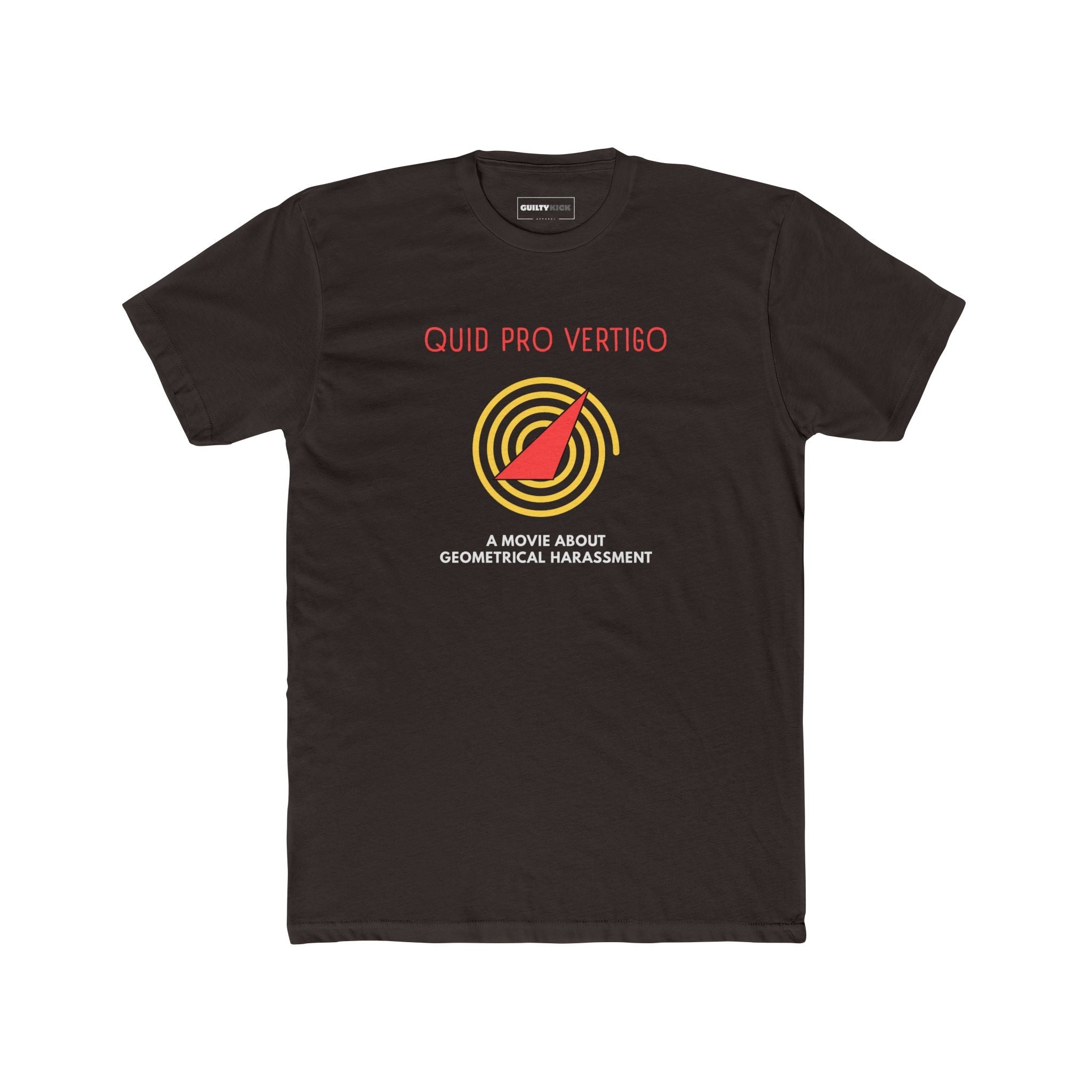 Quid Pro Vertigo: Minimalist Hitchcockian Parody T-Shirt, Geometrical Harassment Movie Spoof - Guilty Kick Apparel