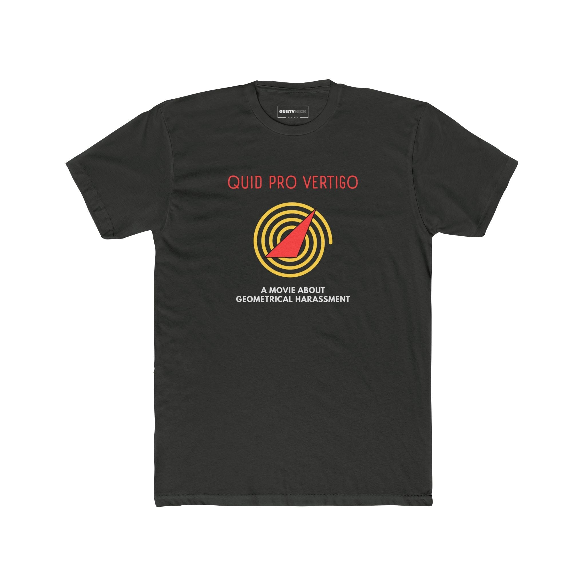 Quid Pro Vertigo: Minimalist Hitchcockian Parody T-Shirt, Geometrical Harassment Movie Spoof - Guilty Kick Apparel