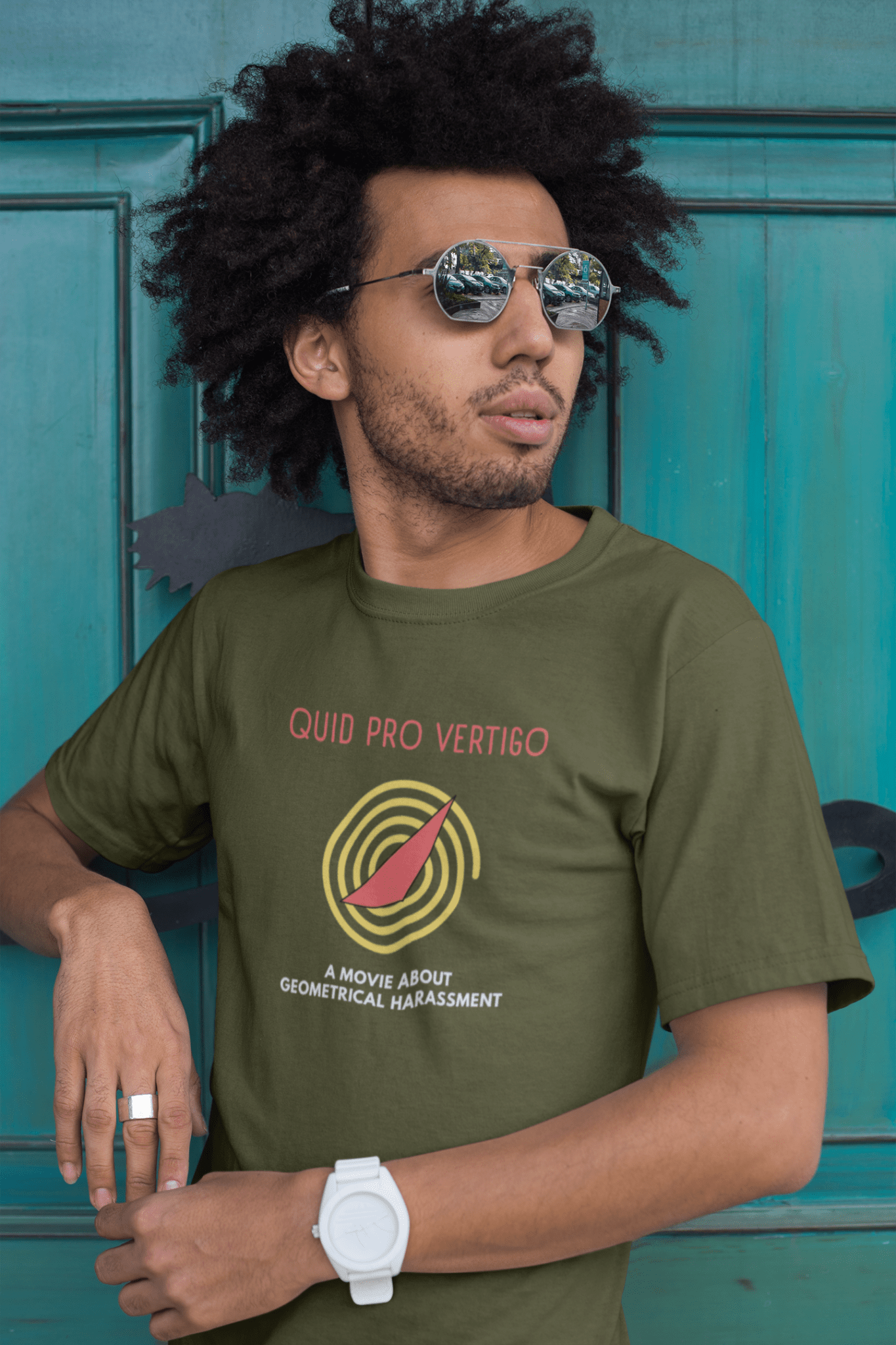 Quid Pro Vertigo: Minimalist Hitchcockian Parody T-Shirt, Geometrical Harassment Movie Spoof - Guilty Kick Apparel