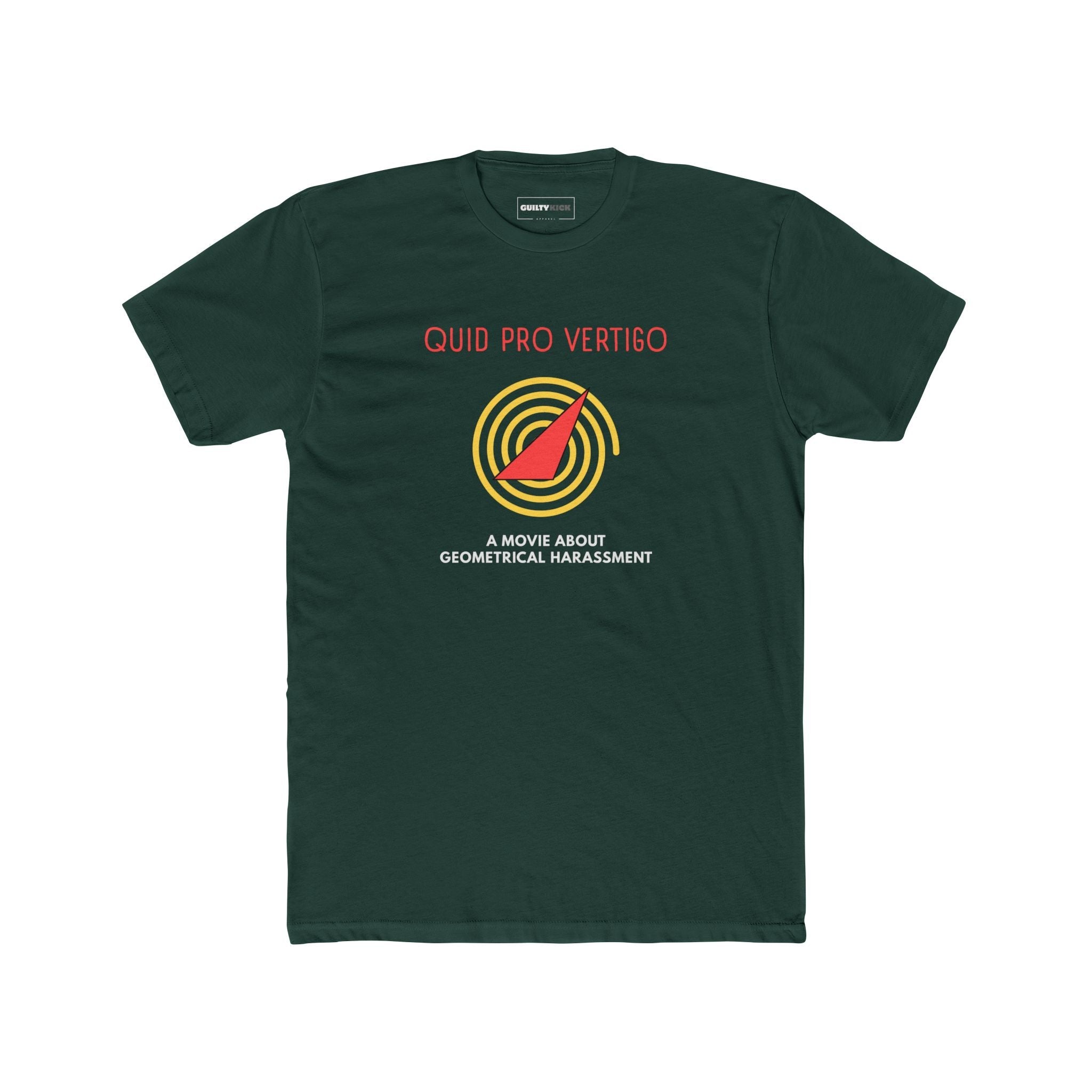 Quid Pro Vertigo: Minimalist Hitchcockian Parody T-Shirt, Geometrical Harassment Movie Spoof - Guilty Kick Apparel