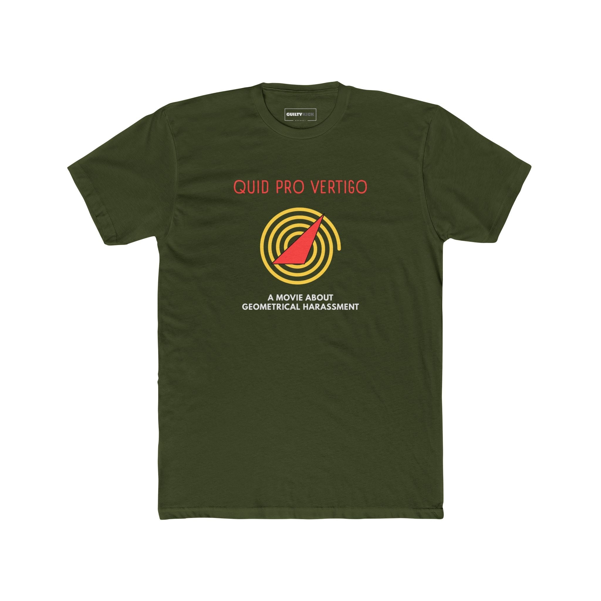 Quid Pro Vertigo: Minimalist Hitchcockian Parody T-Shirt, Geometrical Harassment Movie Spoof - Guilty Kick Apparel