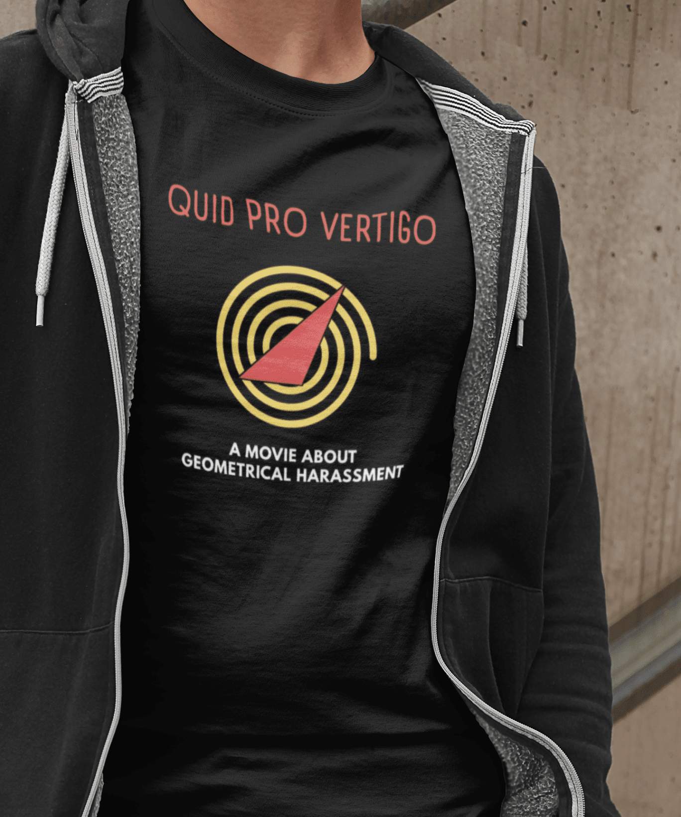 Quid Pro Vertigo: Minimalist Hitchcockian Parody T-Shirt, Geometrical Harassment Movie Spoof - Guilty Kick Apparel