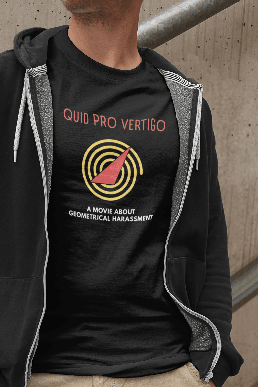 Quid Pro Vertigo: Minimalist Hitchcockian Parody T-Shirt, Geometrical Harassment Movie Spoof - Guilty Kick Apparel