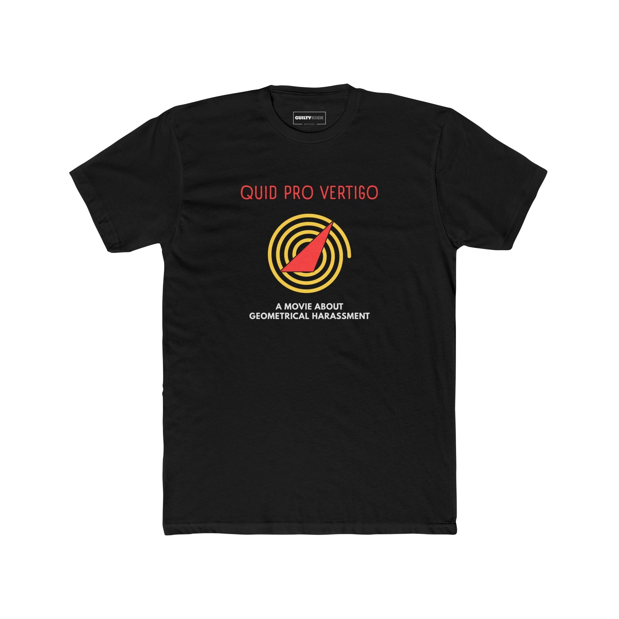 Quid Pro Vertigo: Minimalist Hitchcockian Parody T-Shirt, Geometrical Harassment Movie Spoof - Guilty Kick Apparel