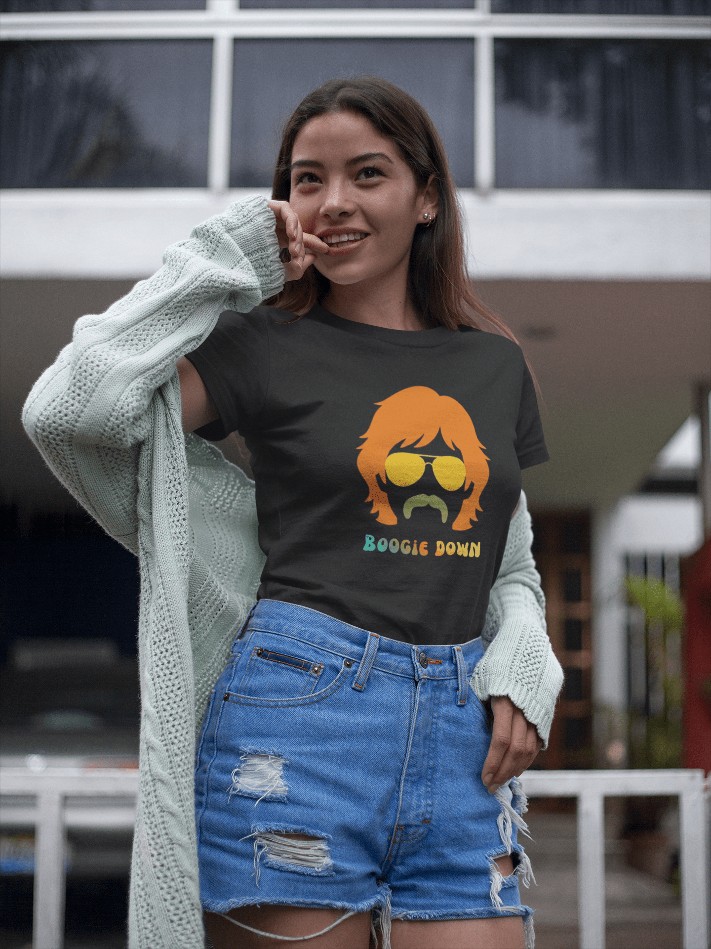 Retro 70s Boogie Down Graphic Tee Vintage Aviators & Mustache Shag Hair Style - Guilty Kick Apparel