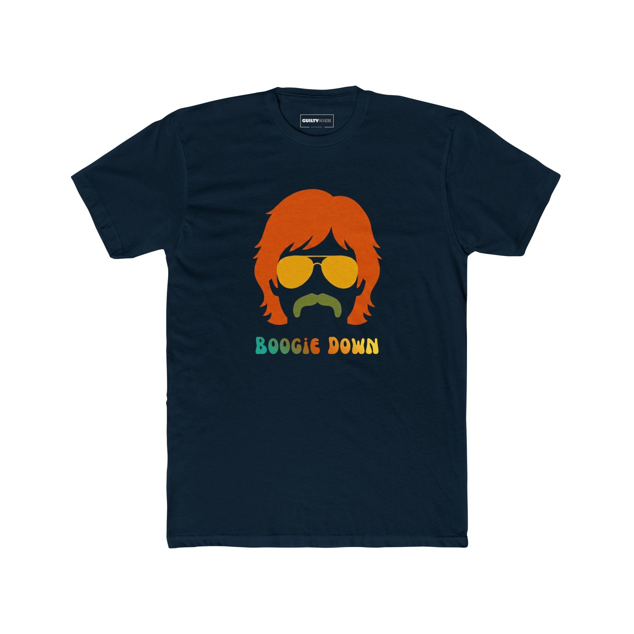 Retro 70s Boogie Down Graphic Tee Vintage Aviators & Mustache Shag Hair Style - Guilty Kick Apparel