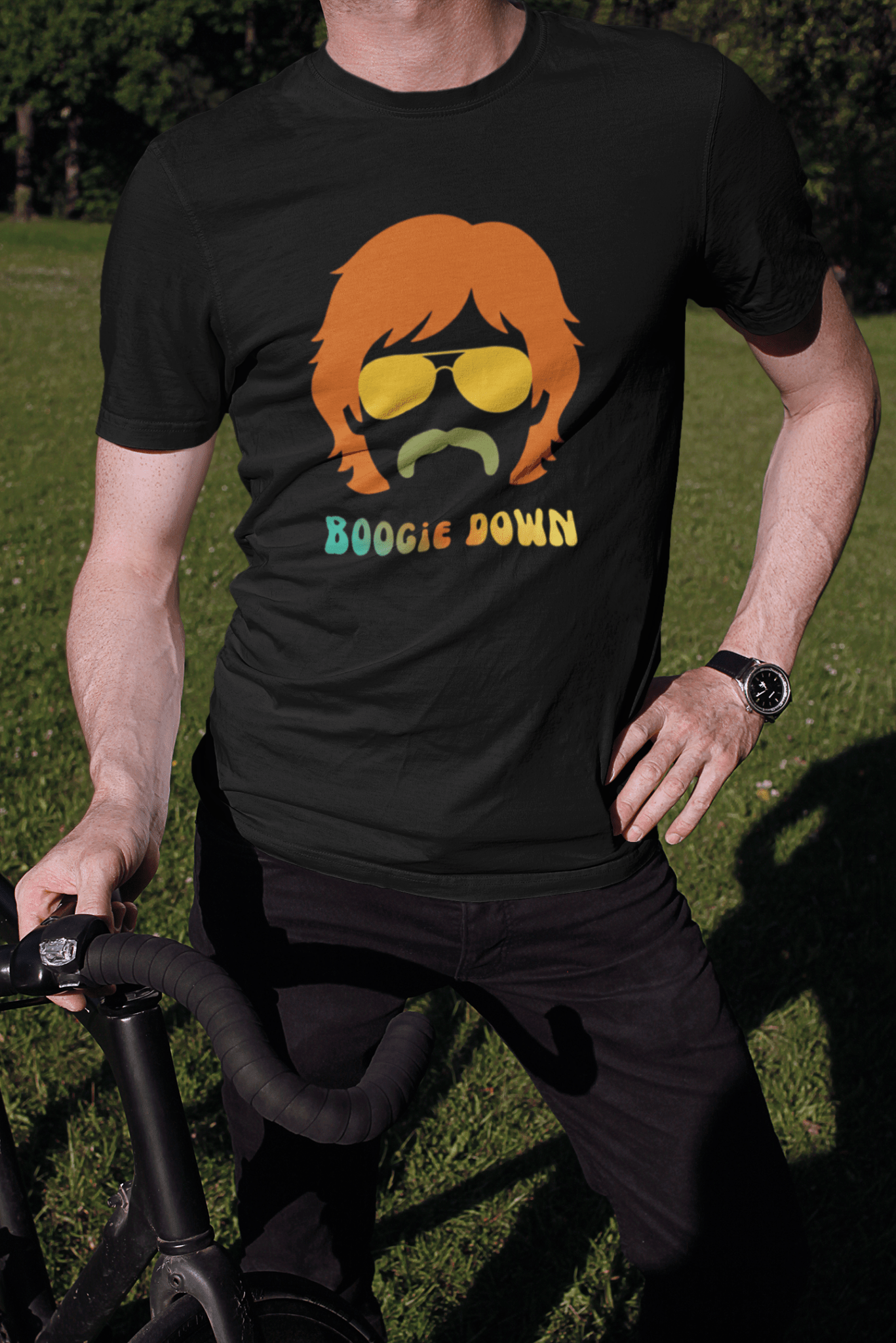 Retro 70s Boogie Down Graphic Tee Vintage Aviators & Mustache Shag Hair Style - Guilty Kick Apparel
