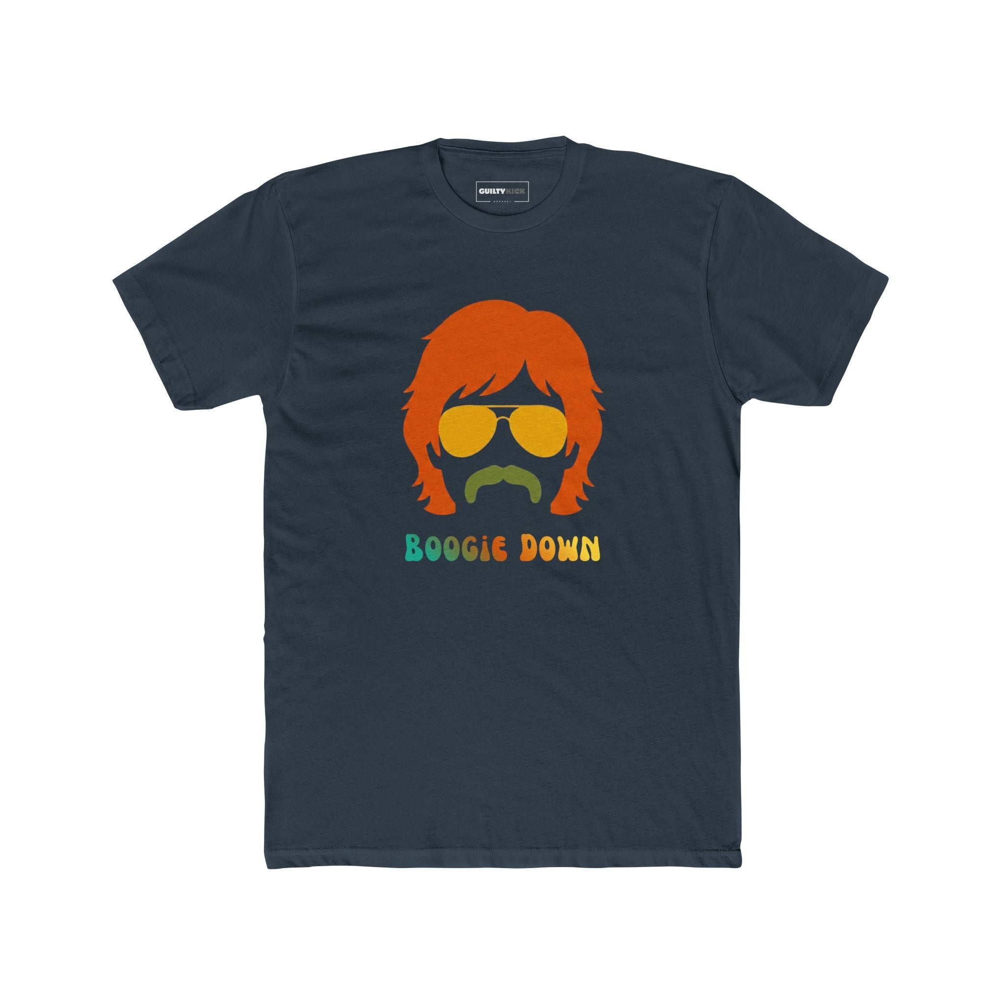Retro 70s Boogie Down Graphic Tee Vintage Aviators & Mustache Shag Hair Style - Guilty Kick Apparel