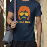 Retro 70s Boogie Down Graphic Tee Vintage Aviators & Mustache Shag Hair Style - Guilty Kick Apparel