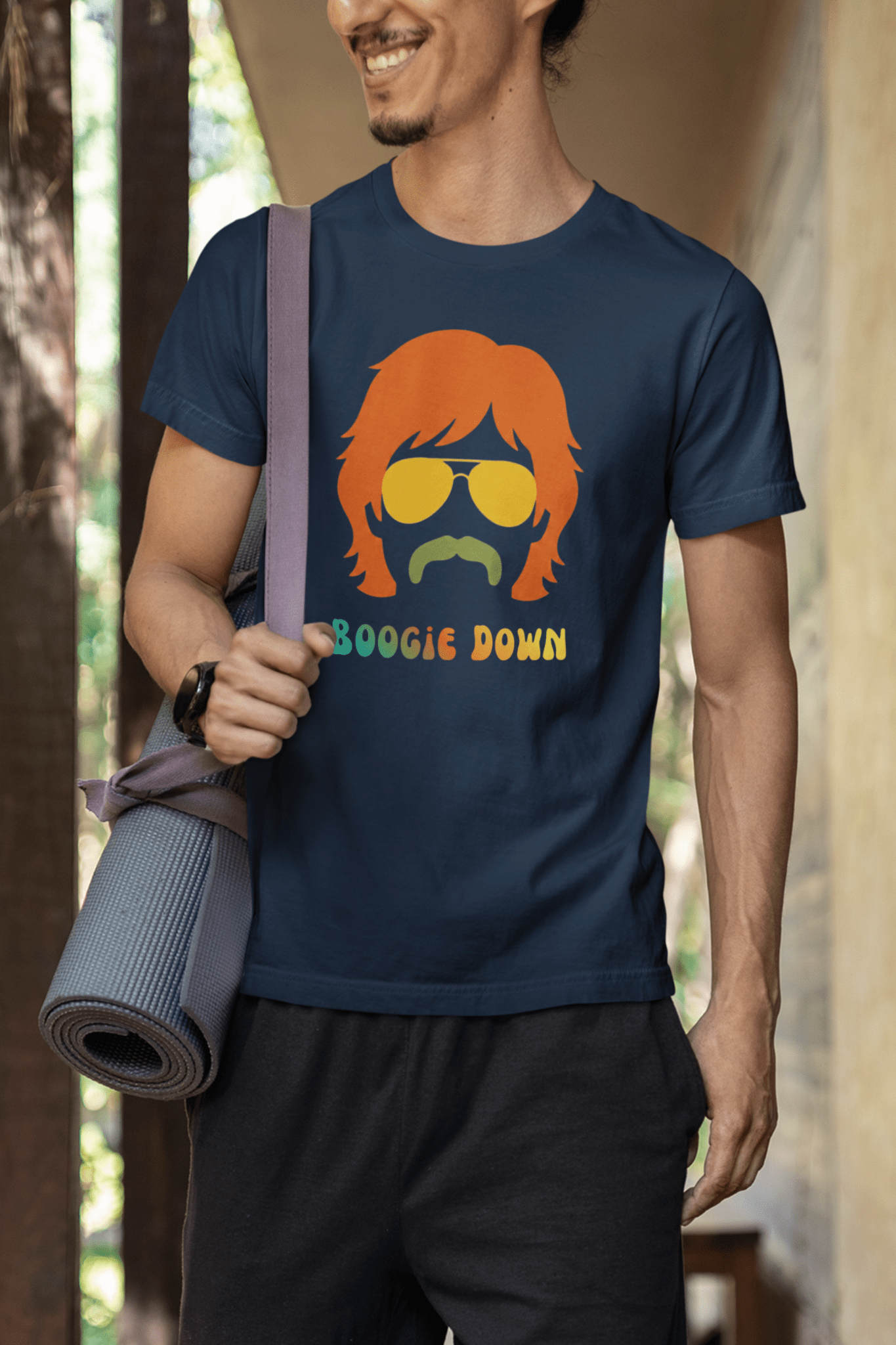 Retro 70s Boogie Down Graphic Tee Vintage Aviators & Mustache Shag Hair Style - Guilty Kick Apparel