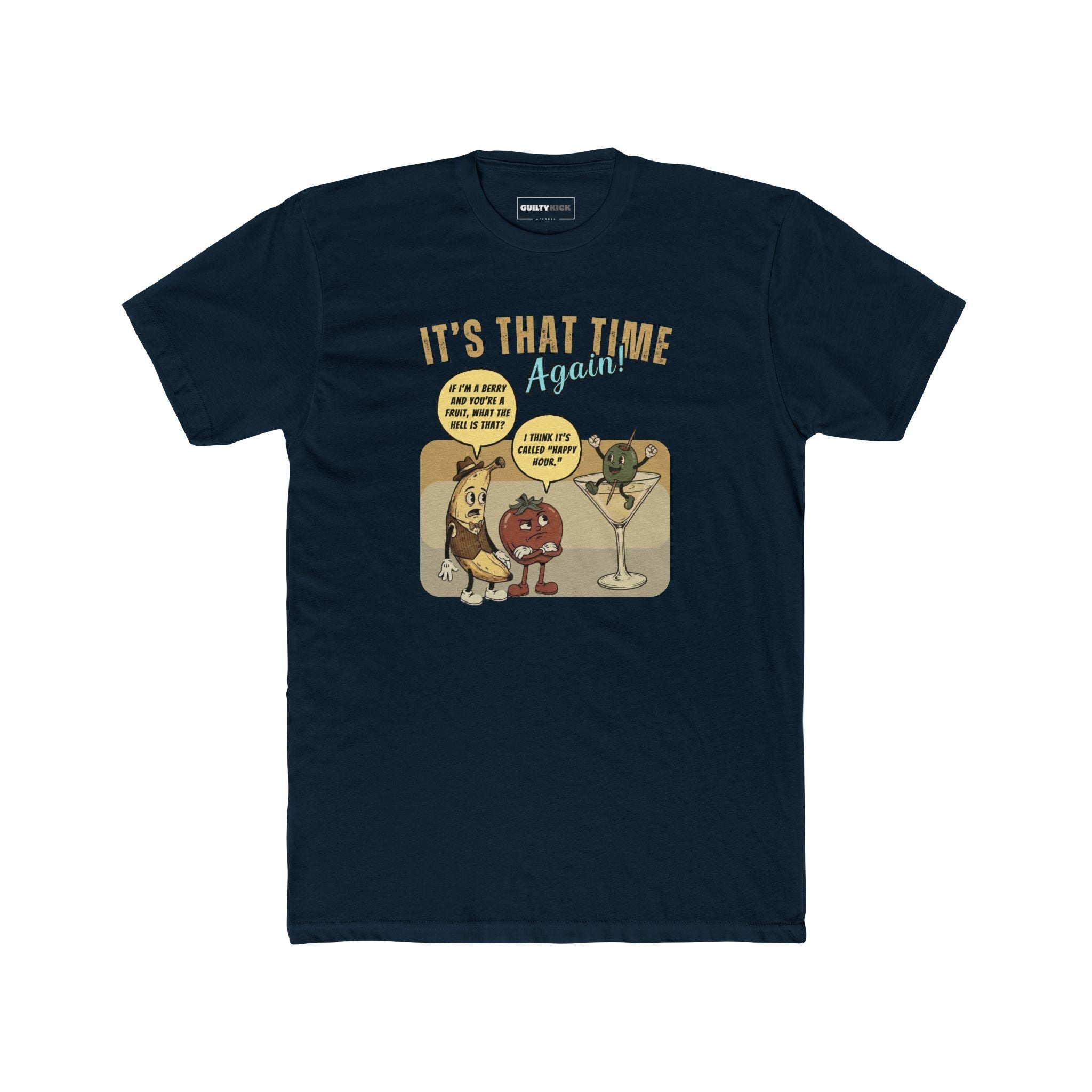 Retro Happy Hour Parody T-Shirt - Vintage Rubber Hose Banana, Tomato, & Martini Olive Design - Guilty Kick Apparel