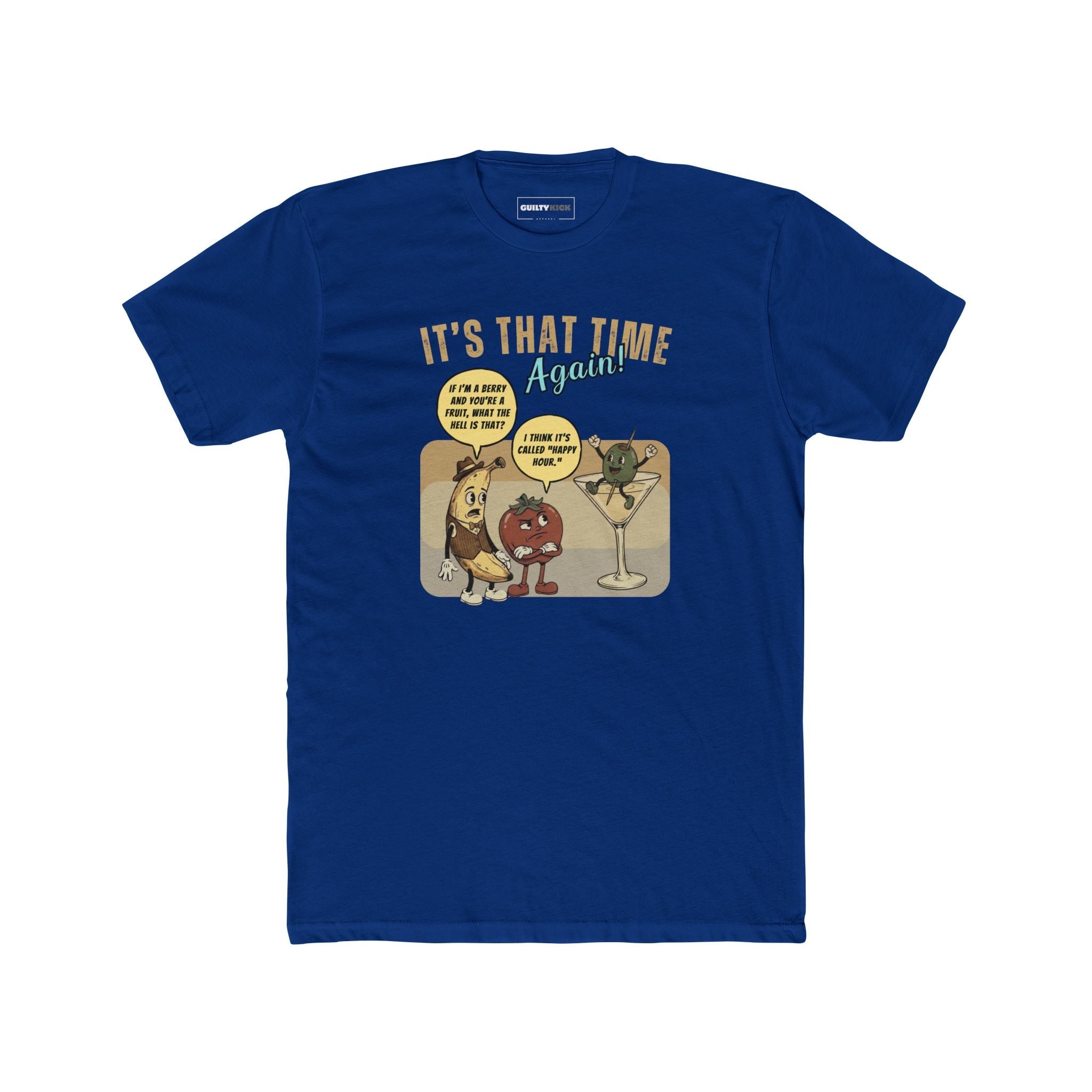 Retro Happy Hour Parody T-Shirt - Vintage Rubber Hose Banana, Tomato, & Martini Olive Design - Guilty Kick Apparel