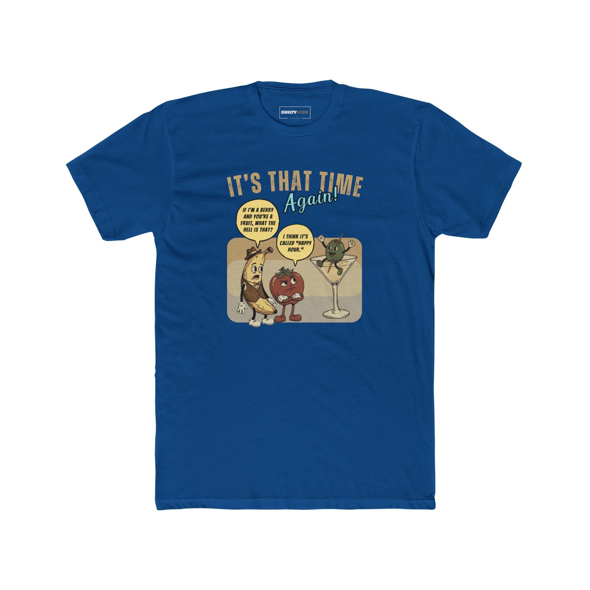 Retro Happy Hour Parody T-Shirt - Vintage Rubber Hose Banana, Tomato, & Martini Olive Design - Guilty Kick Apparel