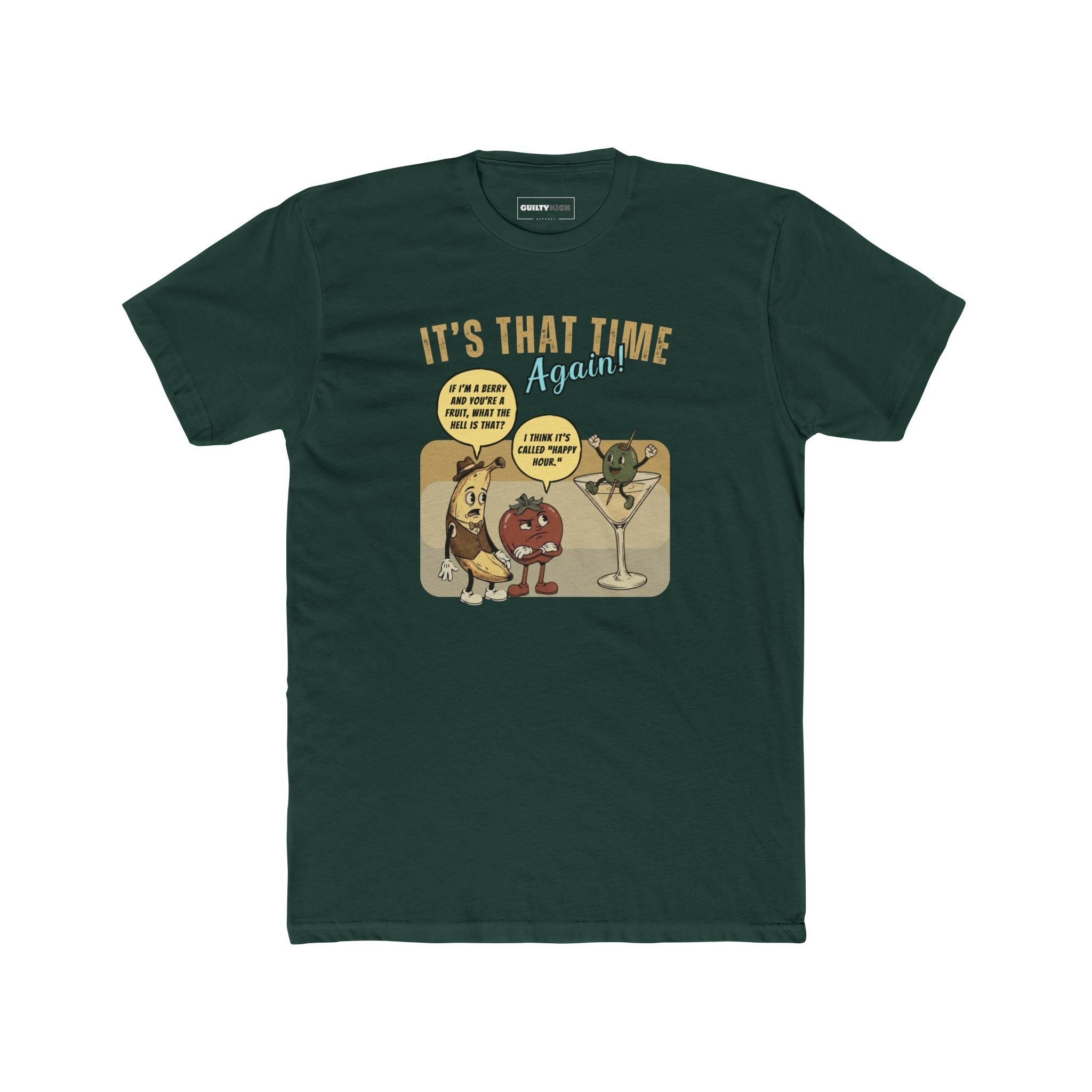 Retro Happy Hour Parody T-Shirt - Vintage Rubber Hose Banana, Tomato, & Martini Olive Design - Guilty Kick Apparel
