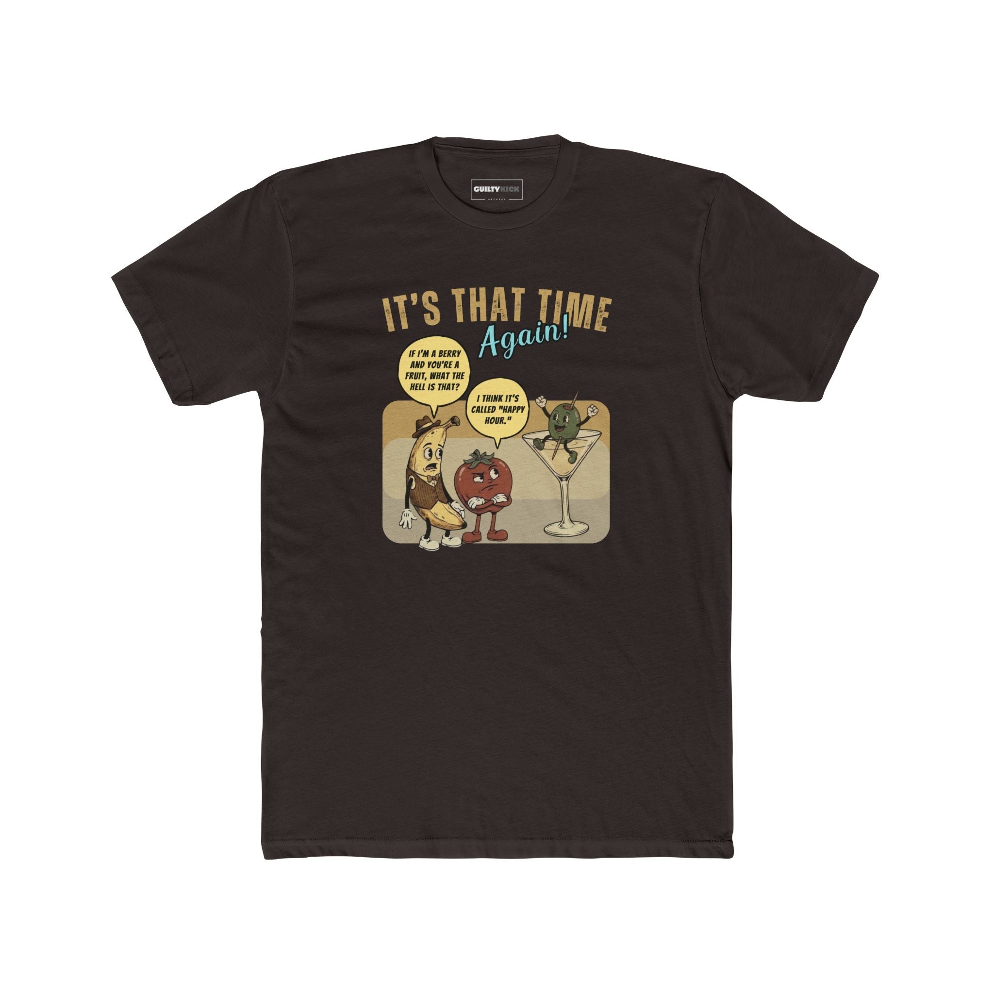 Retro Happy Hour Parody T-Shirt - Vintage Rubber Hose Banana, Tomato, & Martini Olive Design - Guilty Kick Apparel