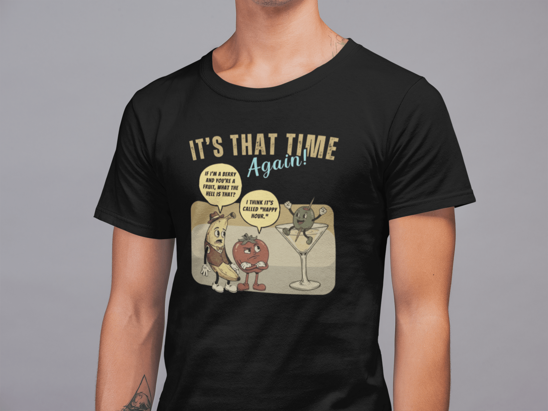 Retro Happy Hour Parody T-Shirt - Vintage Rubber Hose Banana, Tomato, & Martini Olive Design - Guilty Kick Apparel