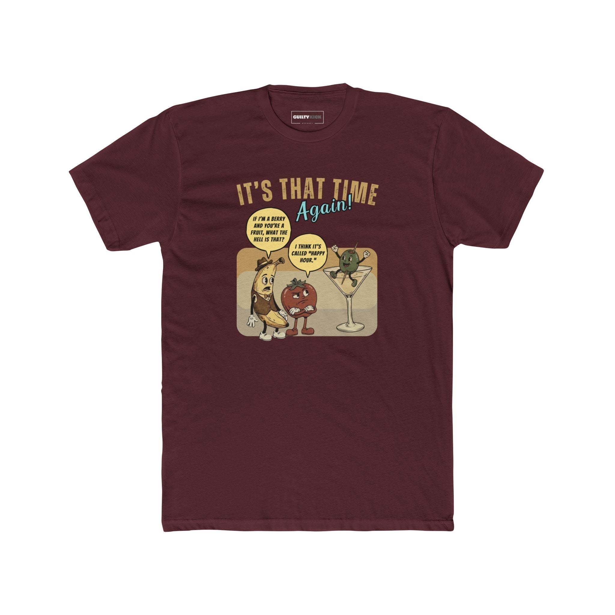 Retro Happy Hour Parody T-Shirt - Vintage Rubber Hose Banana, Tomato, & Martini Olive Design - Guilty Kick Apparel
