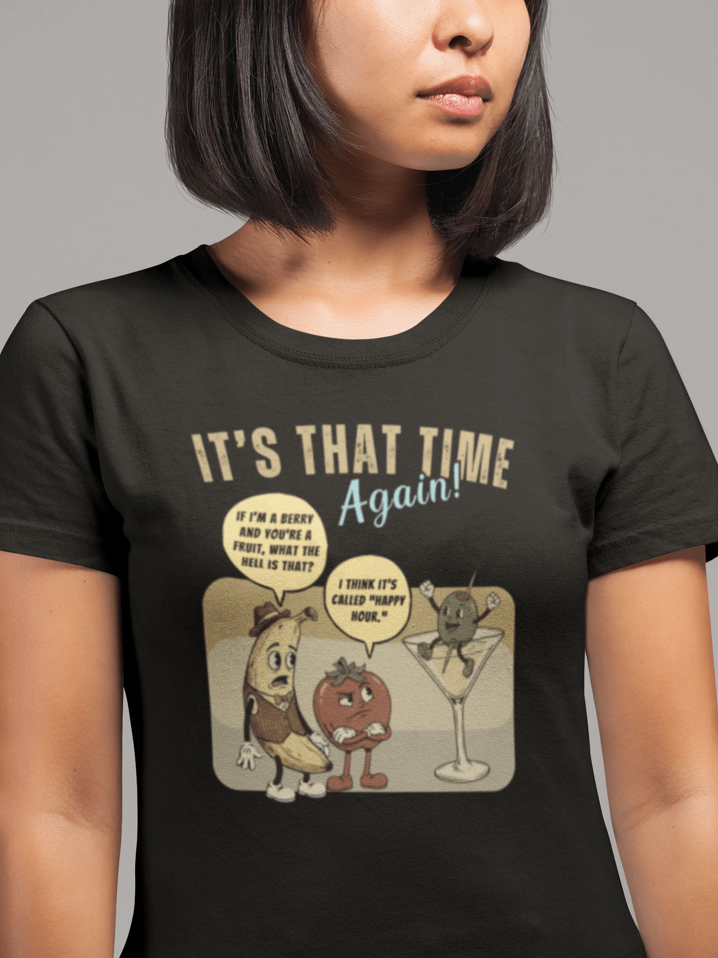 Retro Happy Hour Parody T-Shirt - Vintage Rubber Hose Banana, Tomato, & Martini Olive Design - Guilty Kick Apparel