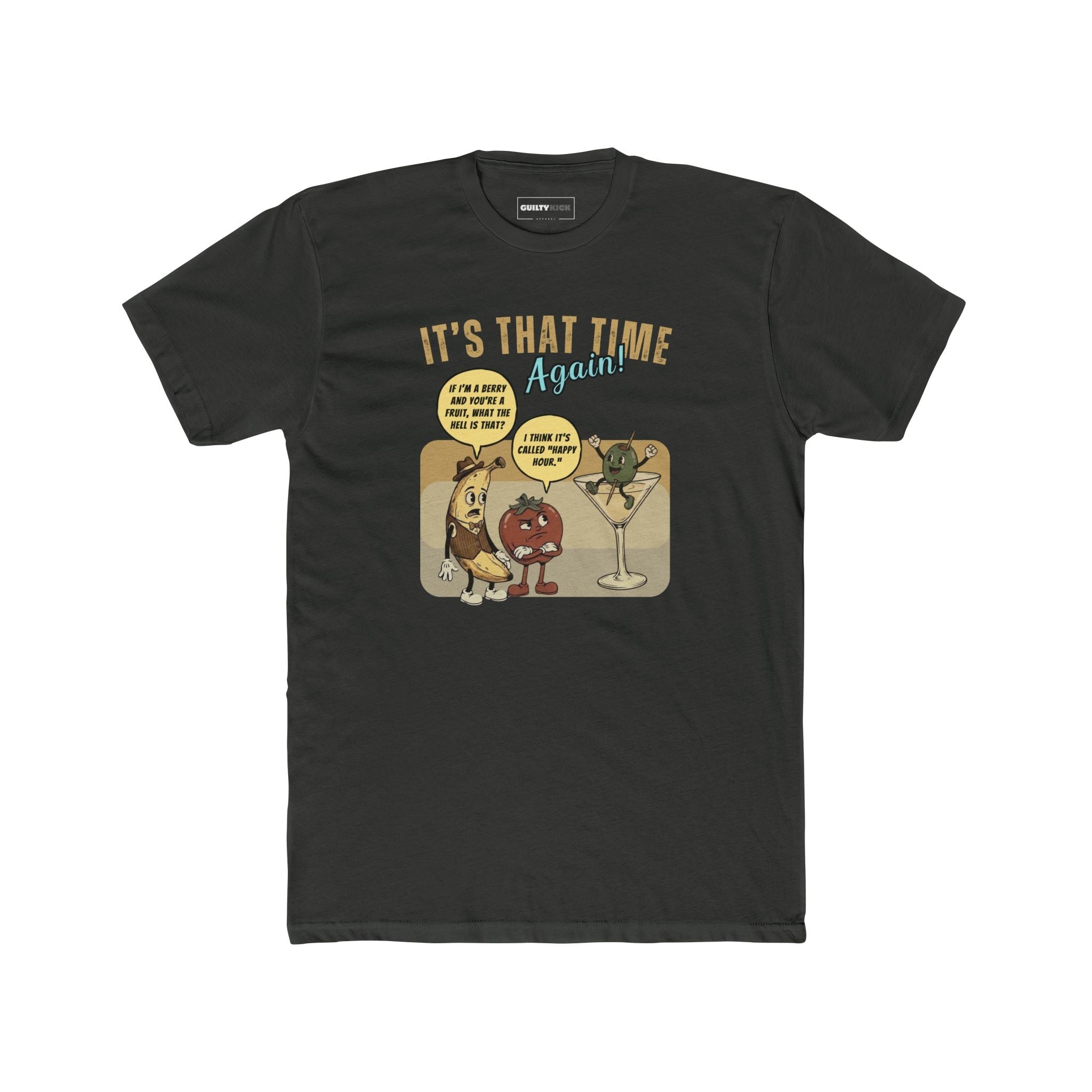 Retro Happy Hour Parody T-Shirt - Vintage Rubber Hose Banana, Tomato, & Martini Olive Design - Guilty Kick Apparel