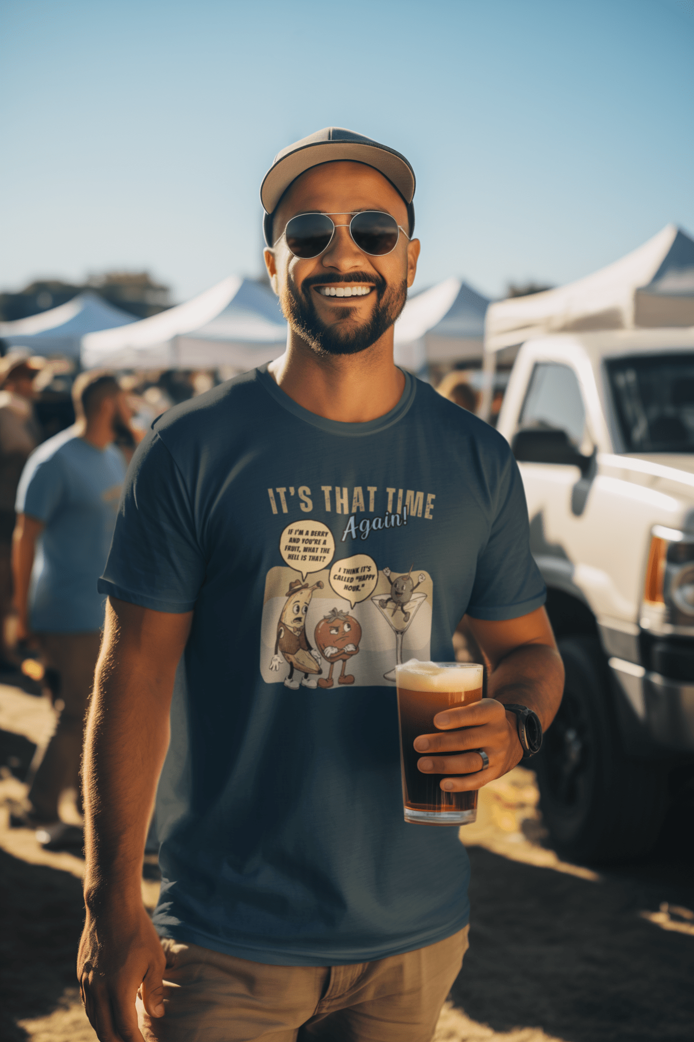 Retro Happy Hour Parody T-Shirt - Vintage Rubber Hose Banana, Tomato, & Martini Olive Design - Guilty Kick Apparel