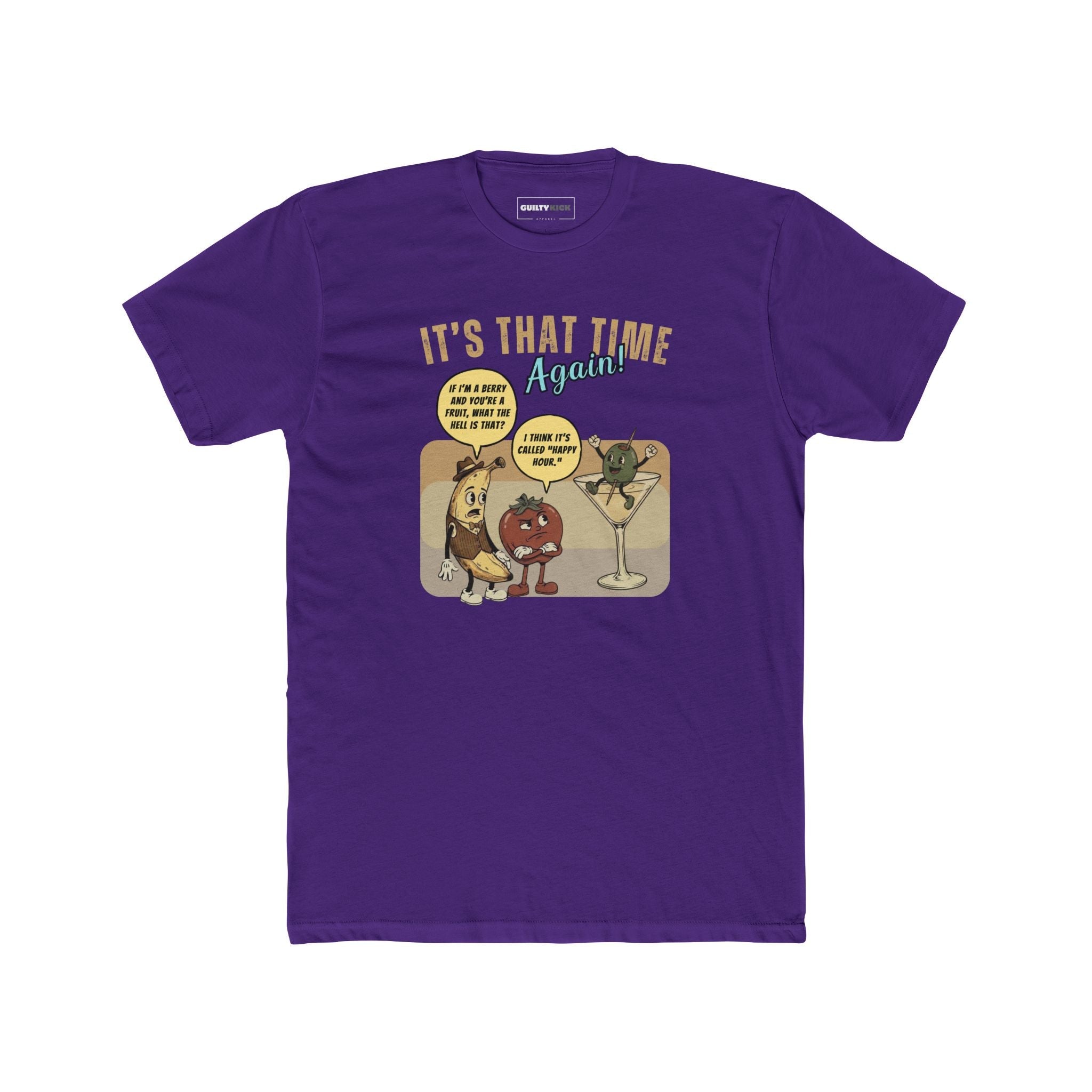 Retro Happy Hour Parody T-Shirt - Vintage Rubber Hose Banana, Tomato, & Martini Olive Design - Guilty Kick Apparel