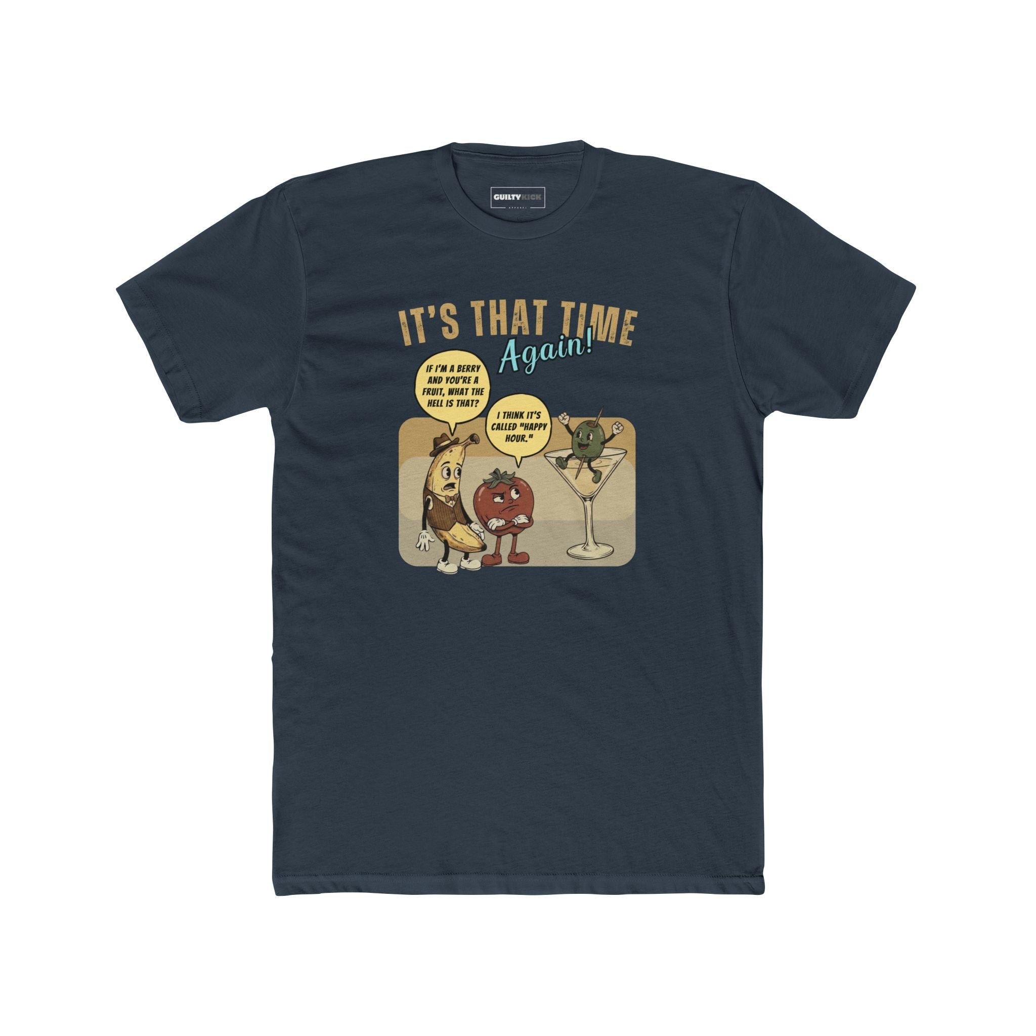 Retro Happy Hour Parody T-Shirt - Vintage Rubber Hose Banana, Tomato, & Martini Olive Design - Guilty Kick Apparel