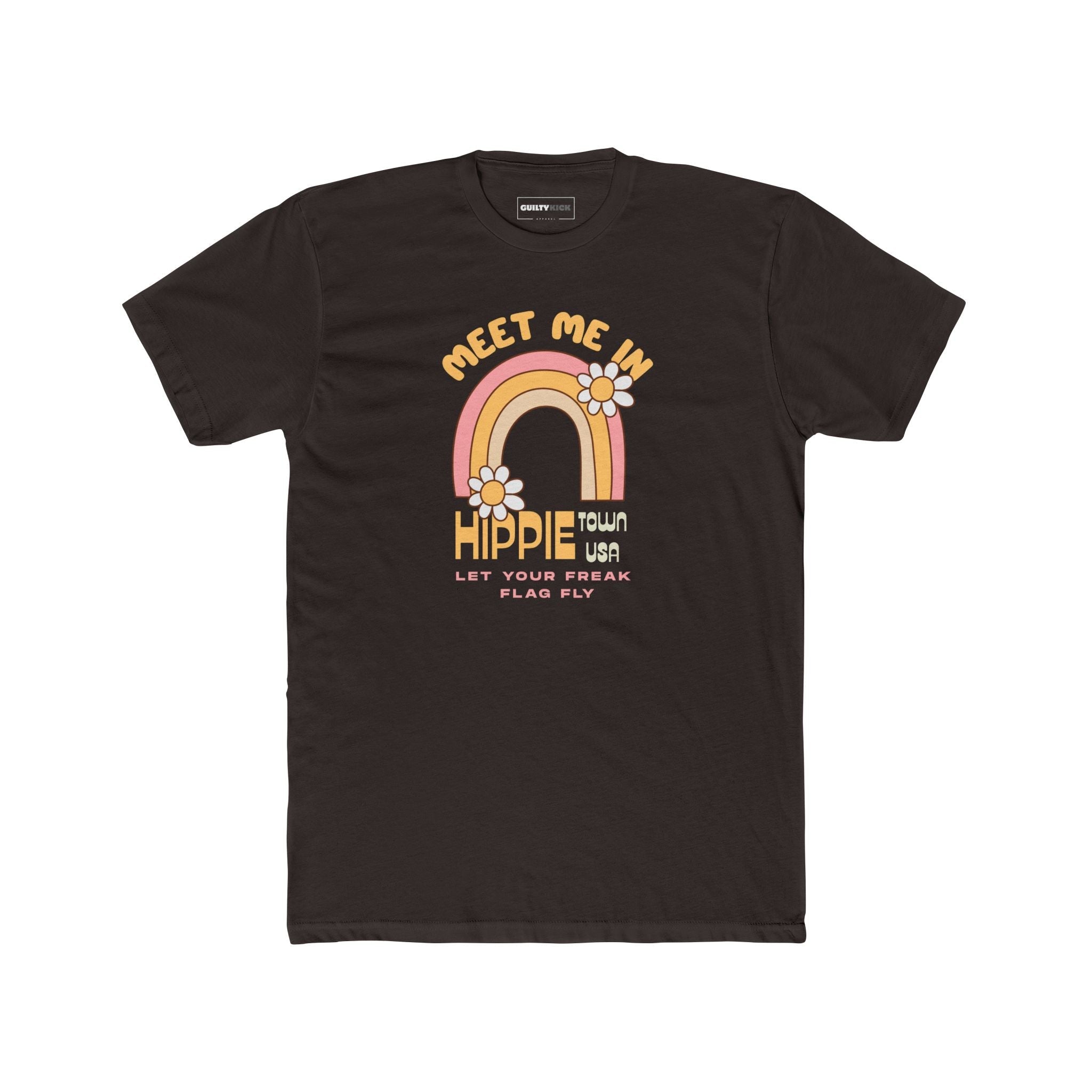 Retro Hippie Town USA T-Shirt Groovy 1970s Rainbow & Daisy Graphic Tee - Guilty Kick Apparel