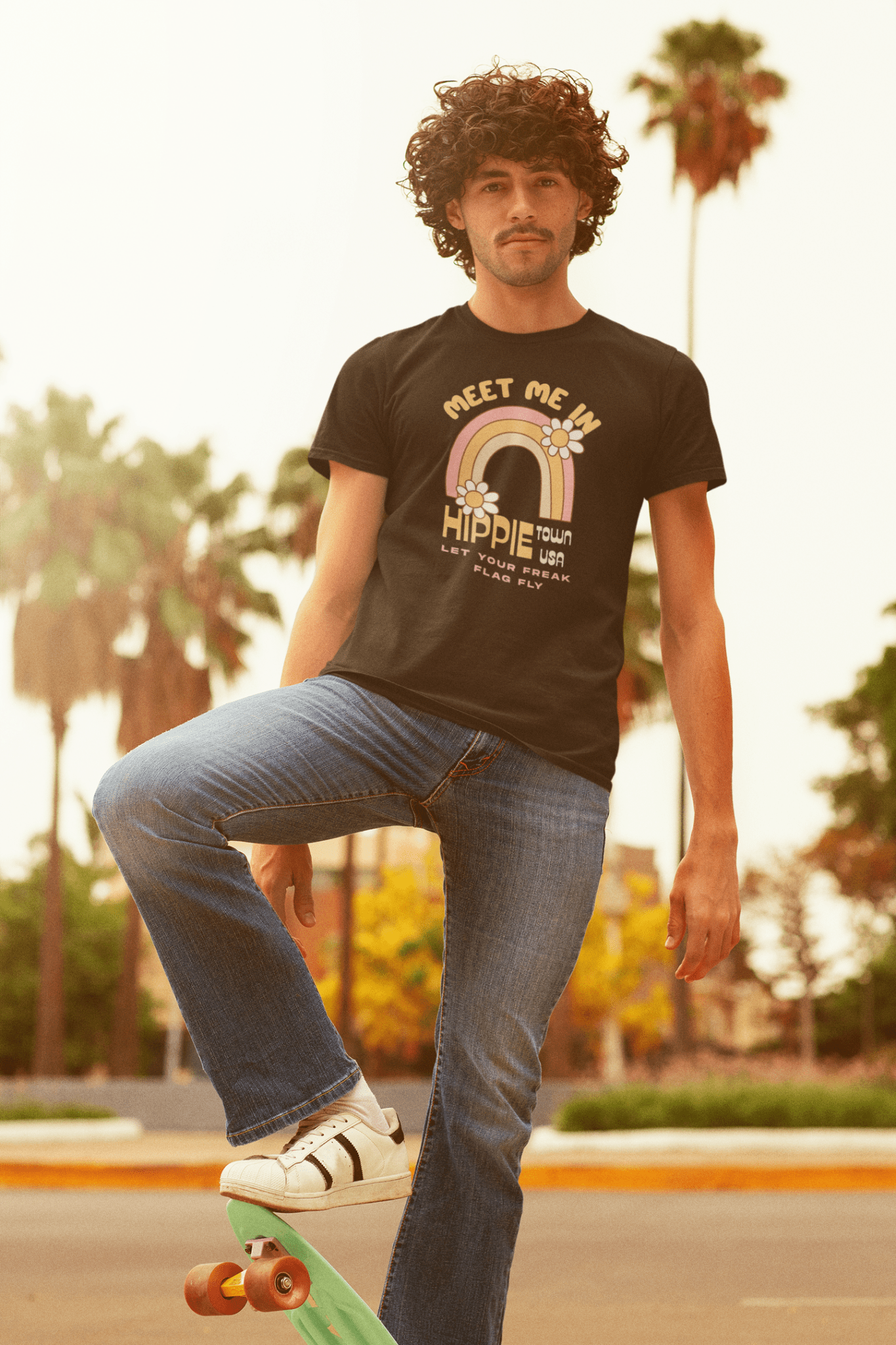 Retro Hippie Town USA T-Shirt Groovy 1970s Rainbow & Daisy Graphic Tee - Guilty Kick Apparel