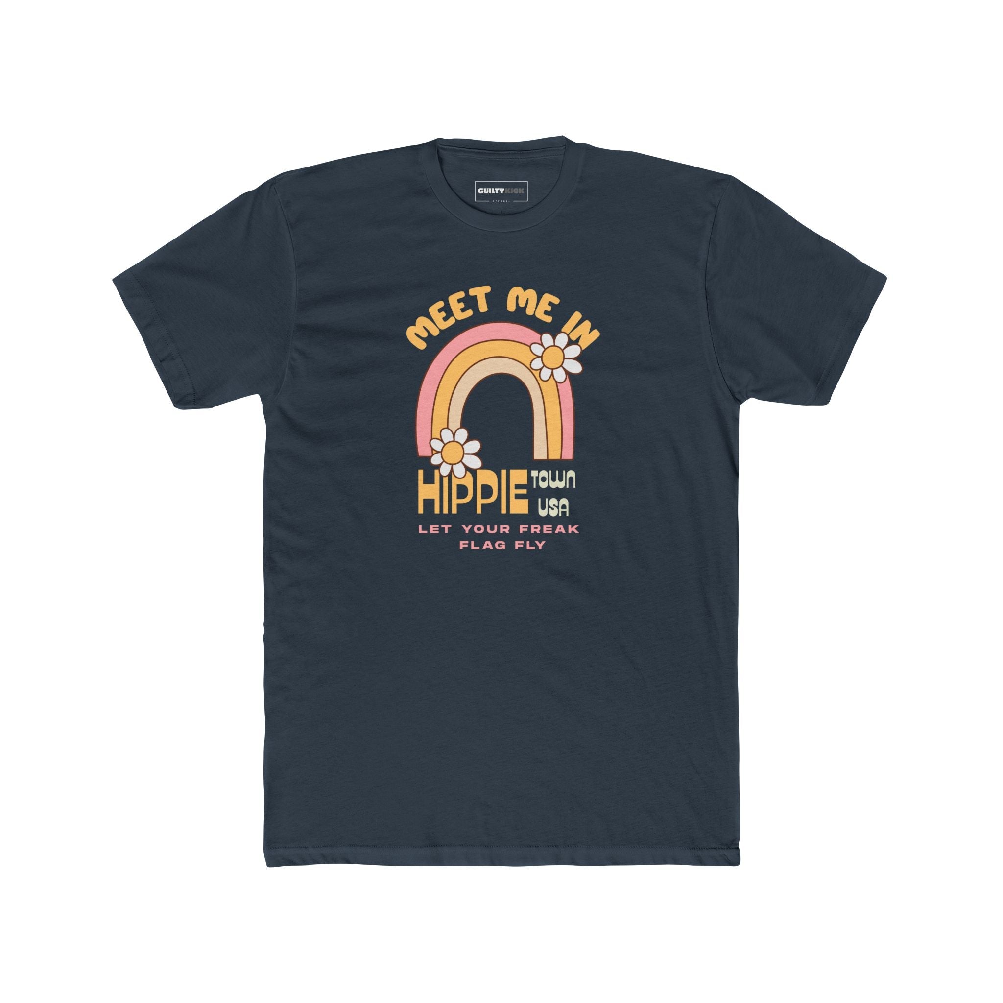 Retro Hippie Town USA T-Shirt Groovy 1970s Rainbow & Daisy Graphic Tee - Guilty Kick Apparel