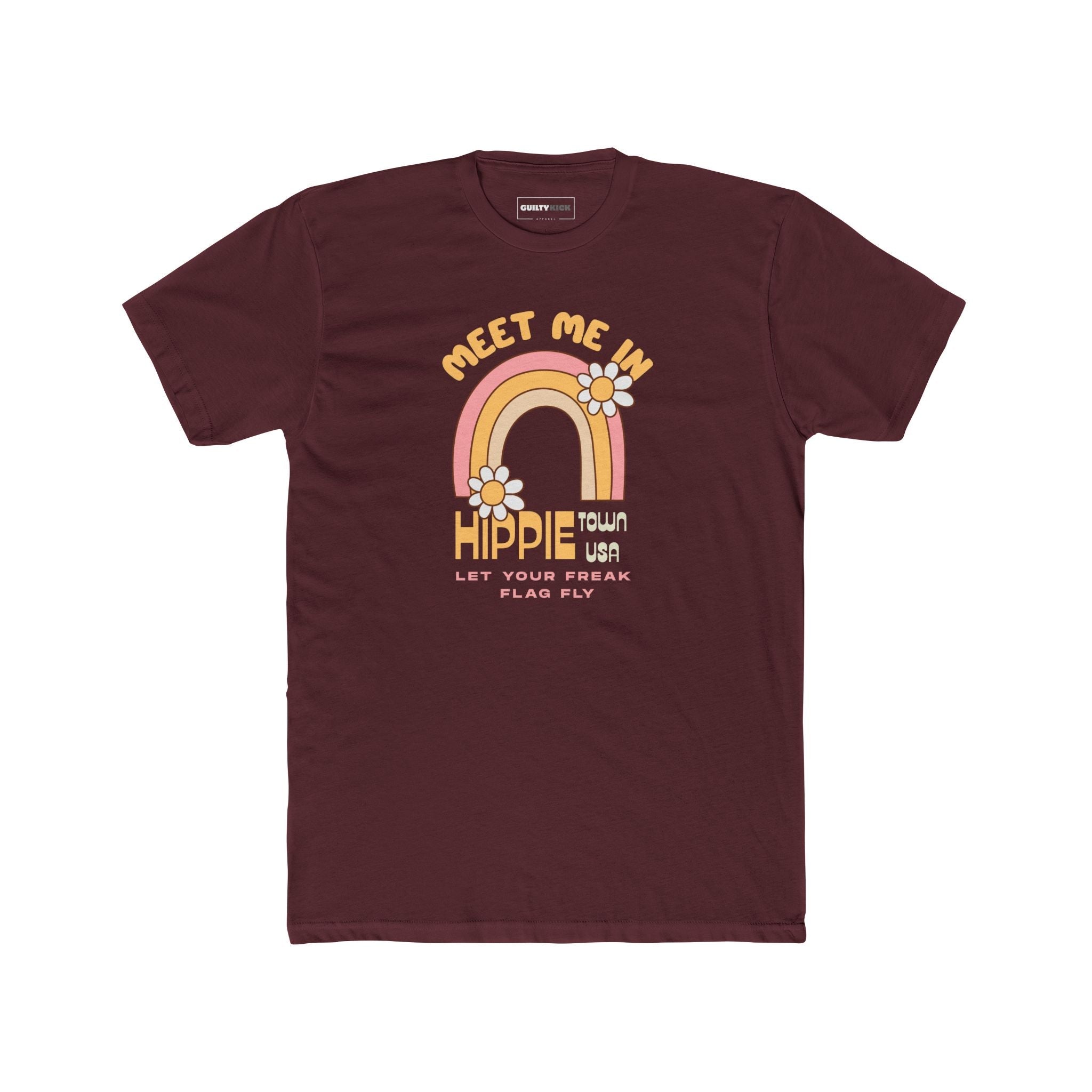 Retro Hippie Town USA T-Shirt Groovy 1970s Rainbow & Daisy Graphic Tee - Guilty Kick Apparel