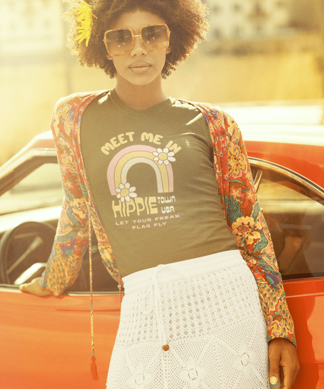 Retro Hippie Town USA T-Shirt Groovy 1970s Rainbow & Daisy Graphic Tee - Guilty Kick Apparel