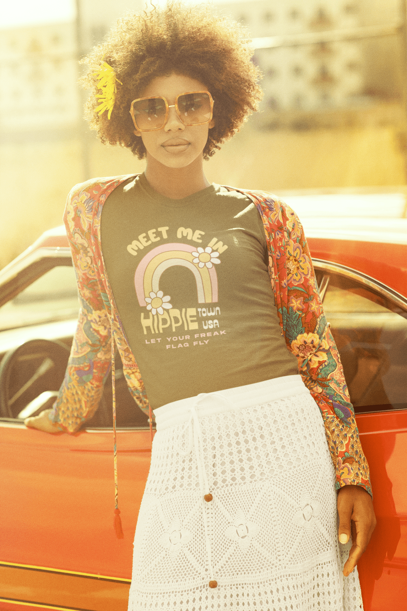 Retro Hippie Town USA T-Shirt Groovy 1970s Rainbow & Daisy Graphic Tee - Guilty Kick Apparel