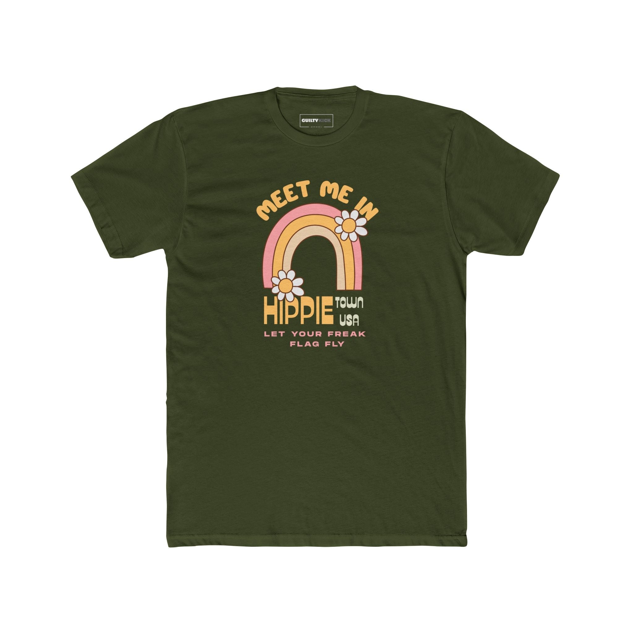 Retro Hippie Town USA T-Shirt Groovy 1970s Rainbow & Daisy Graphic Tee - Guilty Kick Apparel