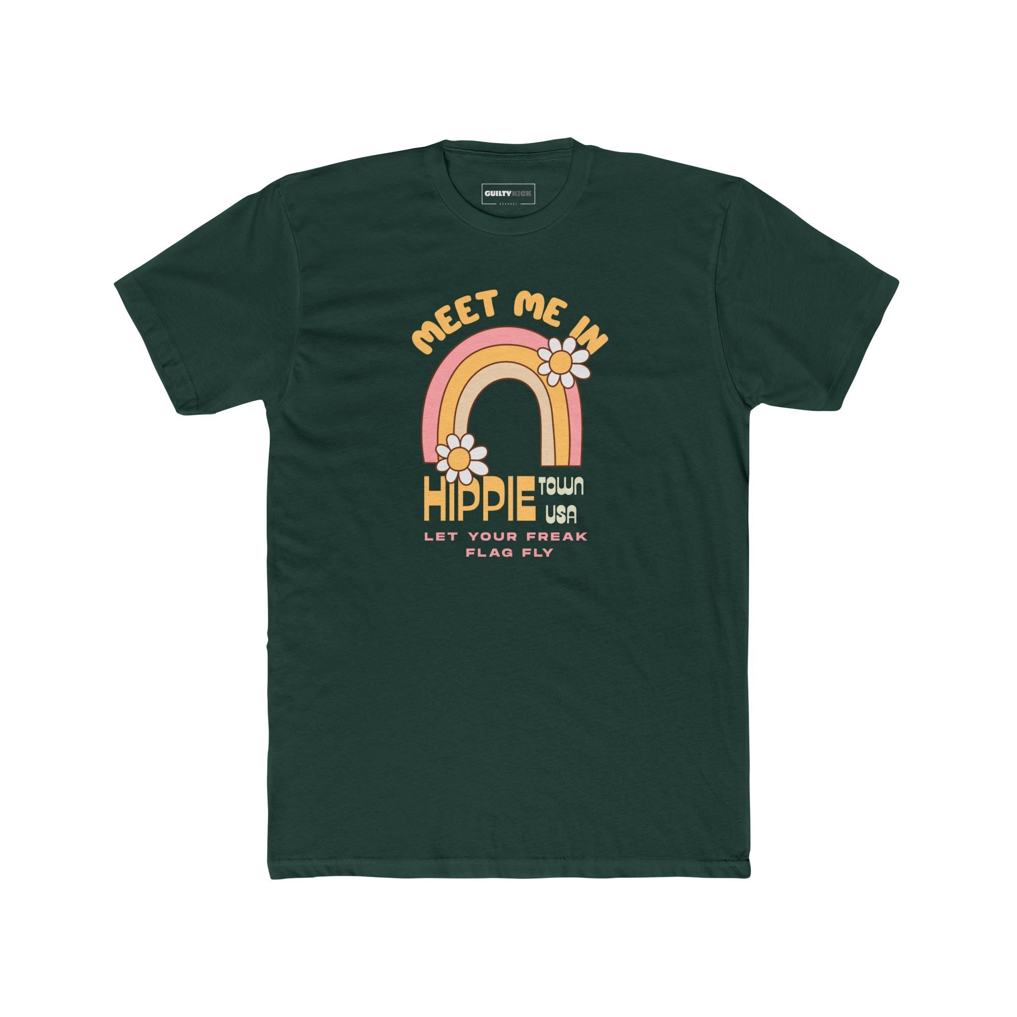 Retro Hippie Town USA T-Shirt Groovy 1970s Rainbow & Daisy Graphic Tee - Guilty Kick Apparel