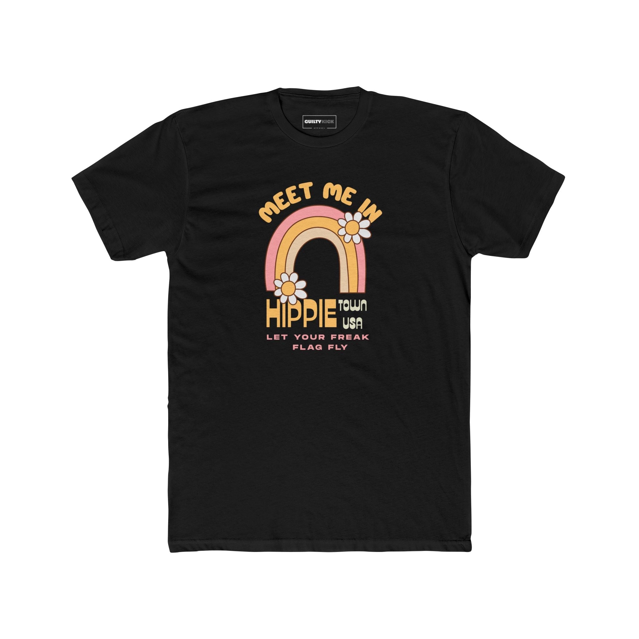 Retro Hippie Town USA T-Shirt Groovy 1970s Rainbow & Daisy Graphic Tee - Guilty Kick Apparel