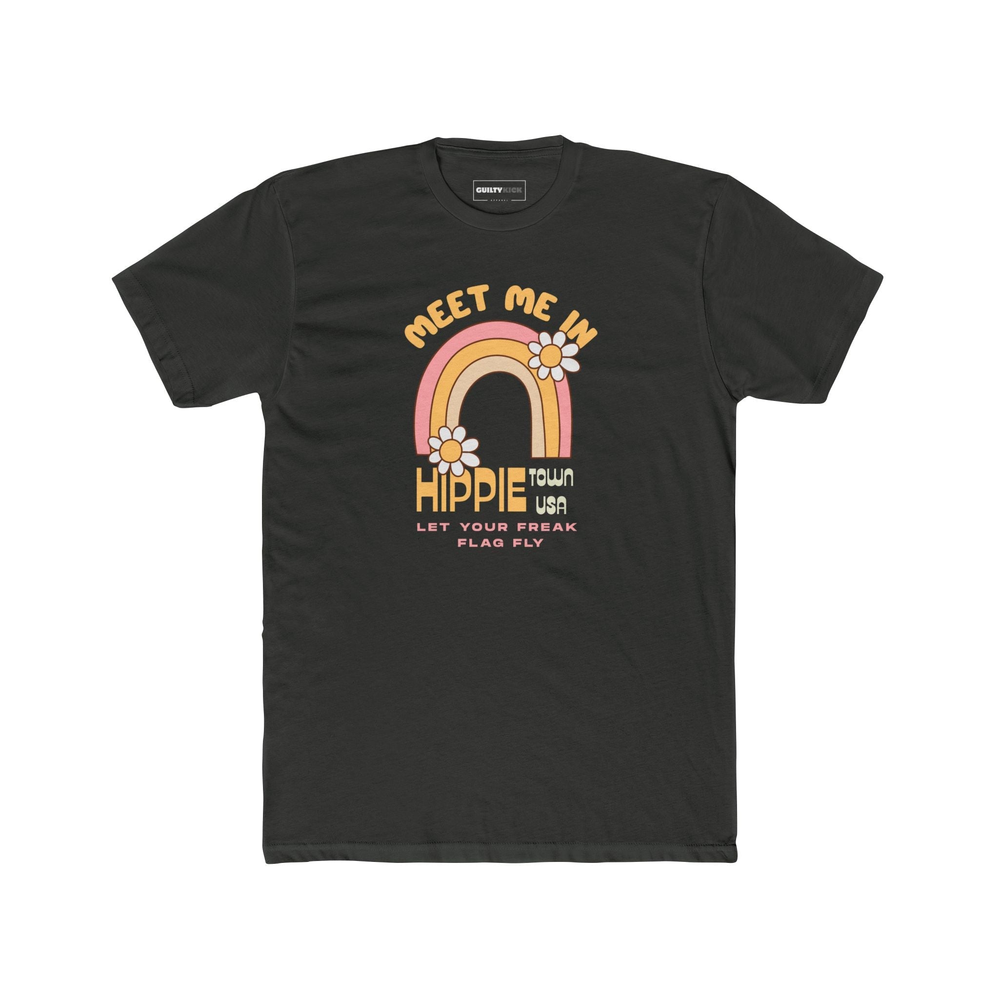 Retro Hippie Town USA T-Shirt Groovy 1970s Rainbow & Daisy Graphic Tee - Guilty Kick Apparel