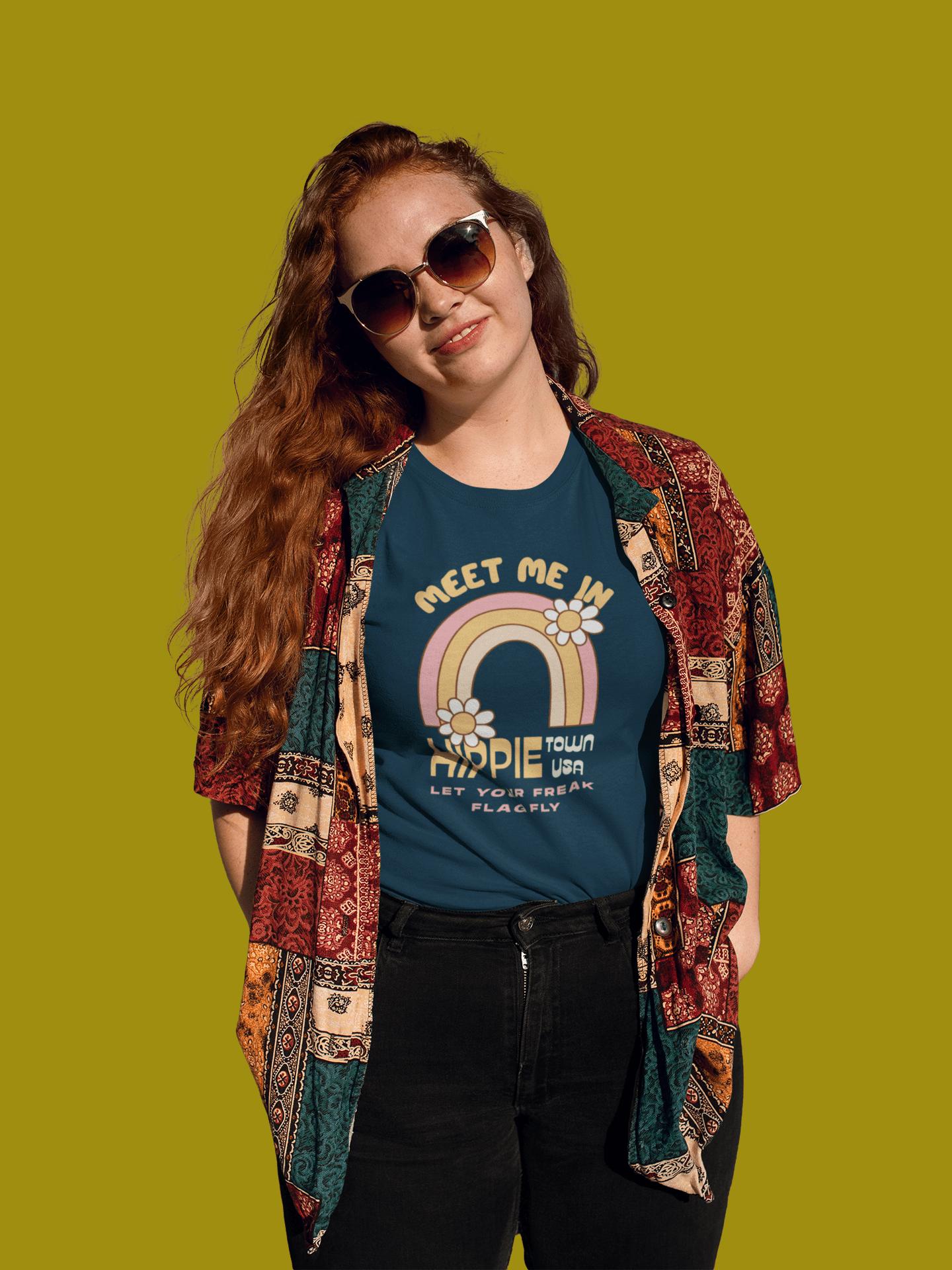 Retro Hippie Town USA T-Shirt Groovy 1970s Rainbow & Daisy Graphic Tee - Guilty Kick Apparel