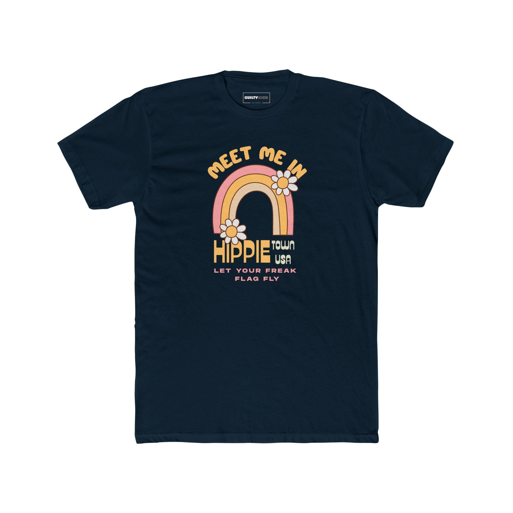 Retro Hippie Town USA T-Shirt Groovy 1970s Rainbow & Daisy Graphic Tee - Guilty Kick Apparel