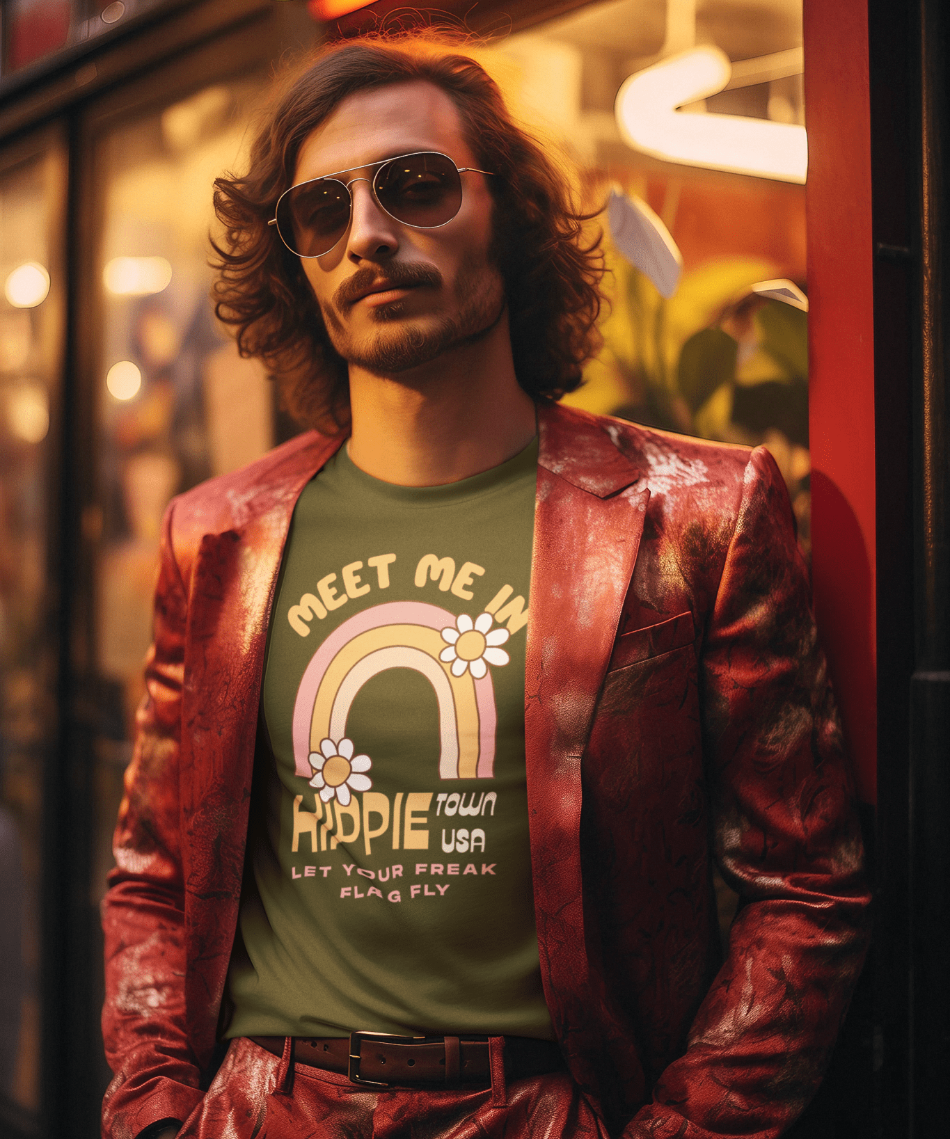 Retro Hippie Town USA T-Shirt Groovy 1970s Rainbow & Daisy Graphic Tee - Guilty Kick Apparel