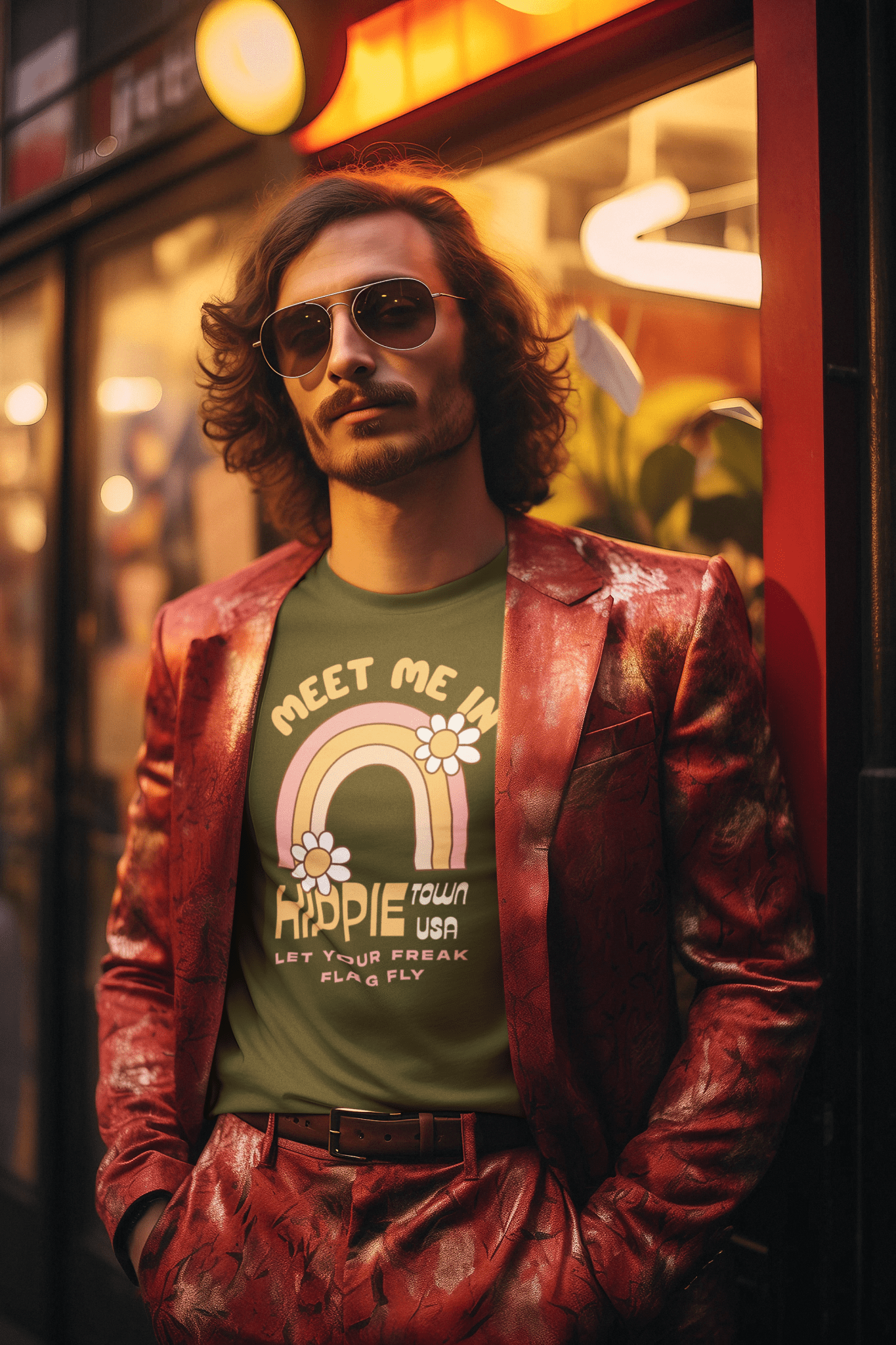 Retro Hippie Town USA T-Shirt Groovy 1970s Rainbow & Daisy Graphic Tee - Guilty Kick Apparel