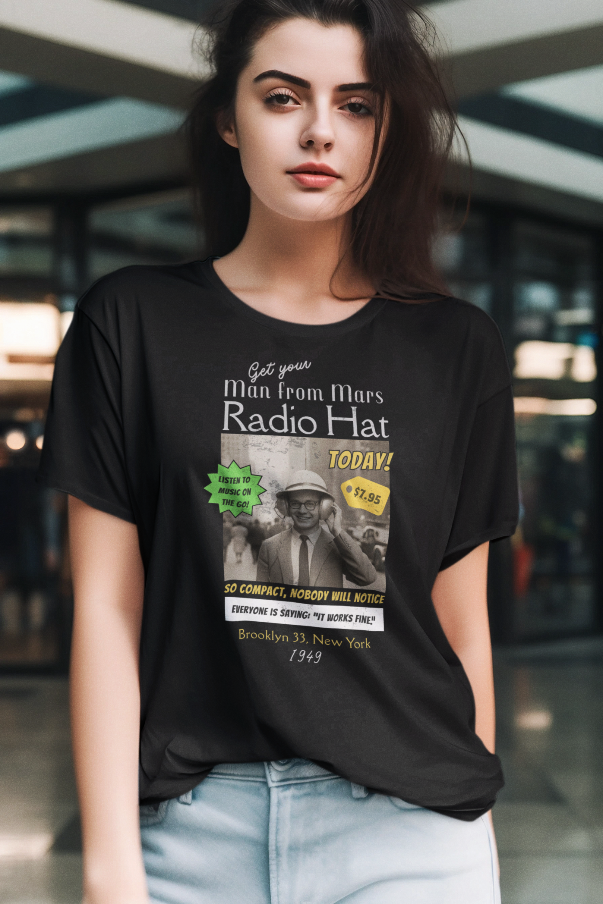 Vintage Radio Hat Man Graphic Tee, 1949 iPod Parody Shirt