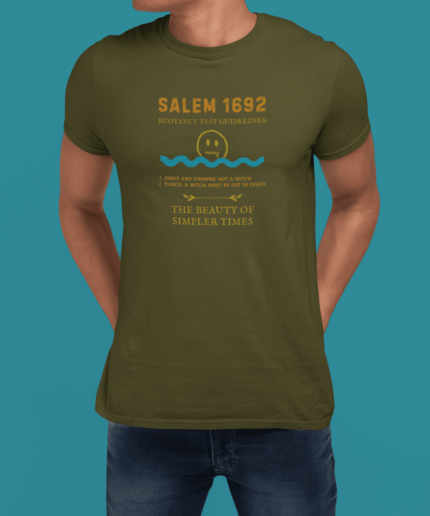 Salem 1692 Buoyancy Test Guidelines T-Shirt | Vintage Witch Trials Parody Graphic Tee, Funny Dark Humor Simpler Times Halloween Shirt - Guilty Kick Apparel