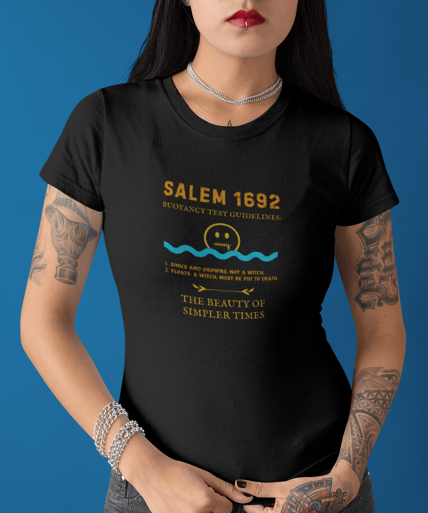 Salem 1692 Buoyancy Test Guidelines T-Shirt | Vintage Witch Trials Parody Graphic Tee, Funny Dark Humor Simpler Times Halloween Shirt - Guilty Kick Apparel