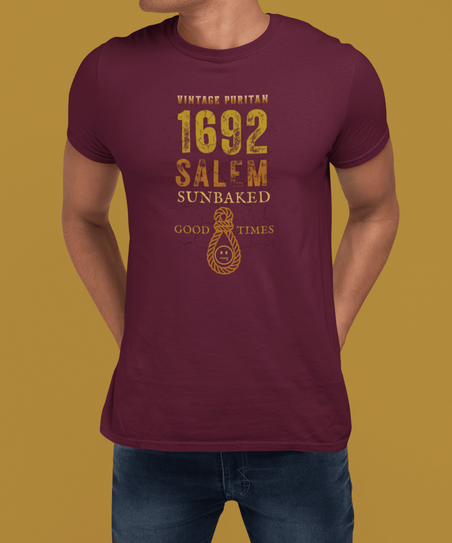 Salem 1692 Vintage Puritan Sunbaked T-Shirt | Sarcastic Witch Trials Parody Graphic Tee, Funny Dark Humor Noose Halloween Shirt - Guilty Kick Apparel